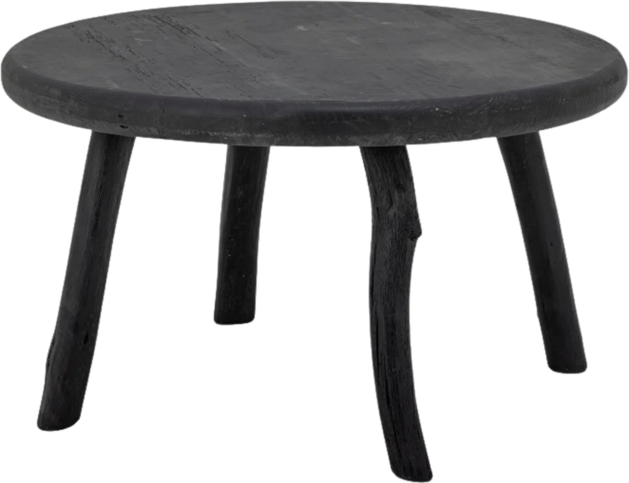 Eleganter Couchtisch aus recyceltem Holz, schwarz gebeizt, 80 cm Durchmesser, 45 cm hoch, einzigartig und nachhaltig.