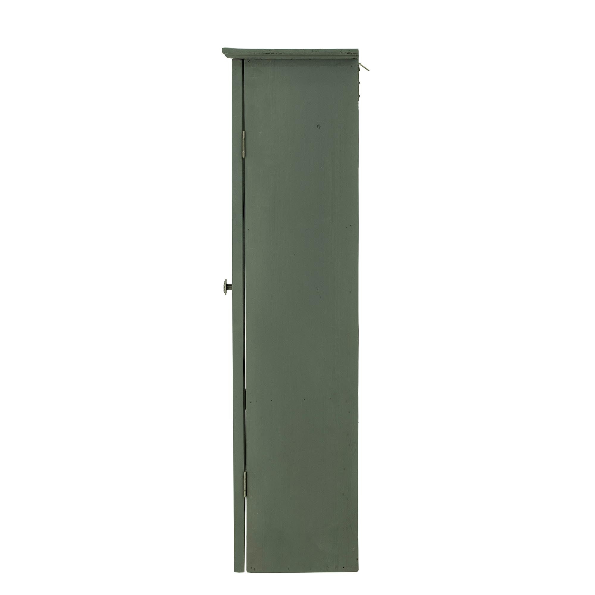Eleganter Vitrinenschrank aus grünem Tannenholz mit Glastüren, ideal zur Präsentation von Geschirr.