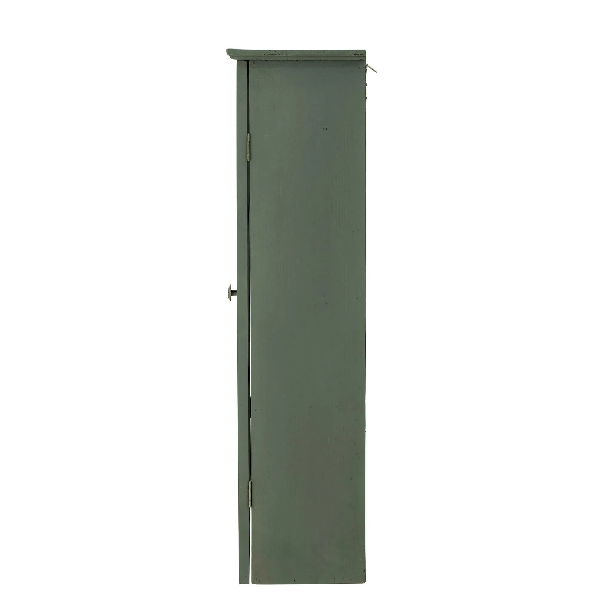 Eleganter Vitrinenschrank aus grünem Tannenholz mit Glastüren, ideal zur Präsentation von Geschirr.