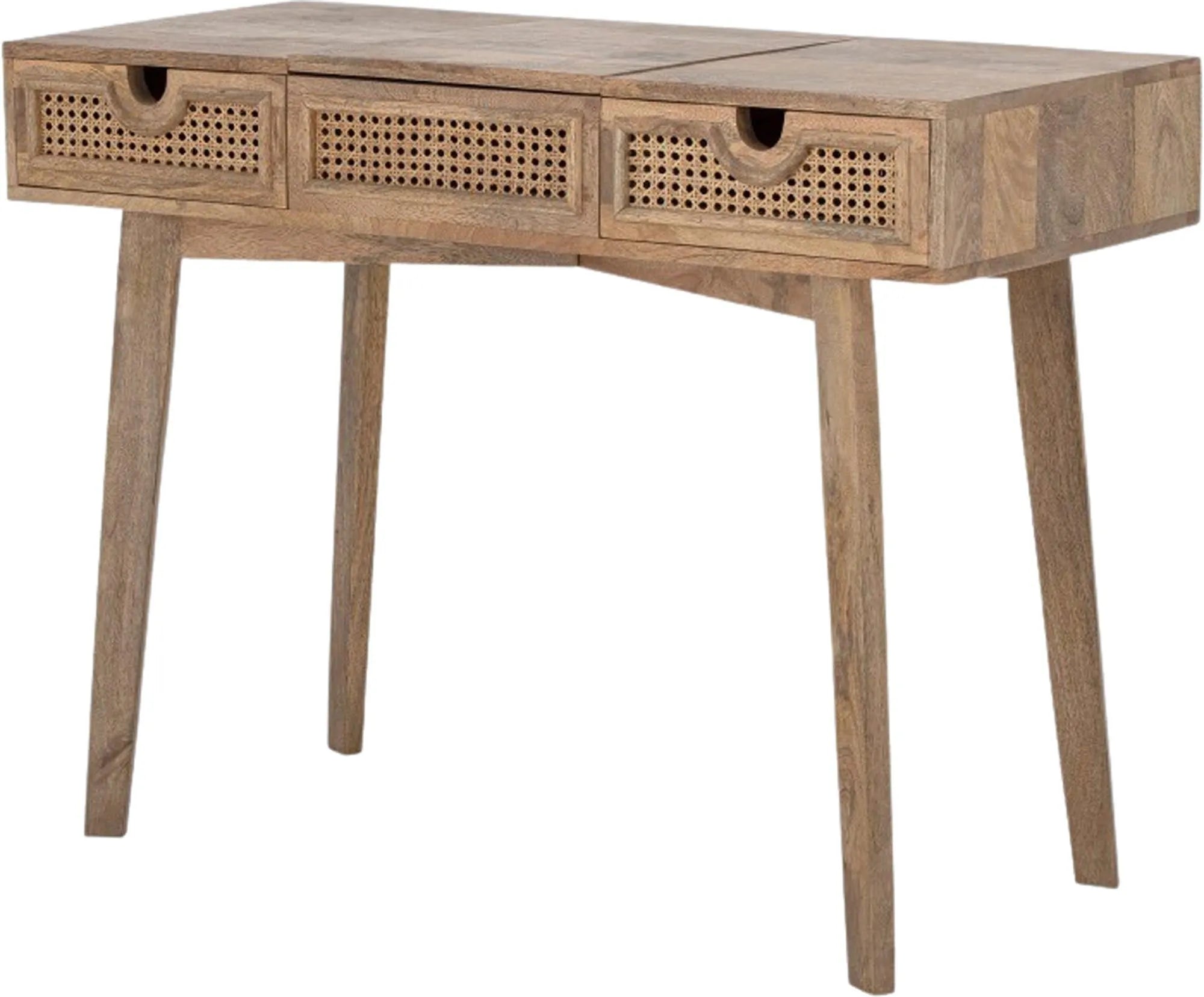 Eleganter Konsolentisch aus Mangoholz mit Spiegel und Schubladen, ideal als Schminktisch oder Schreibtisch.