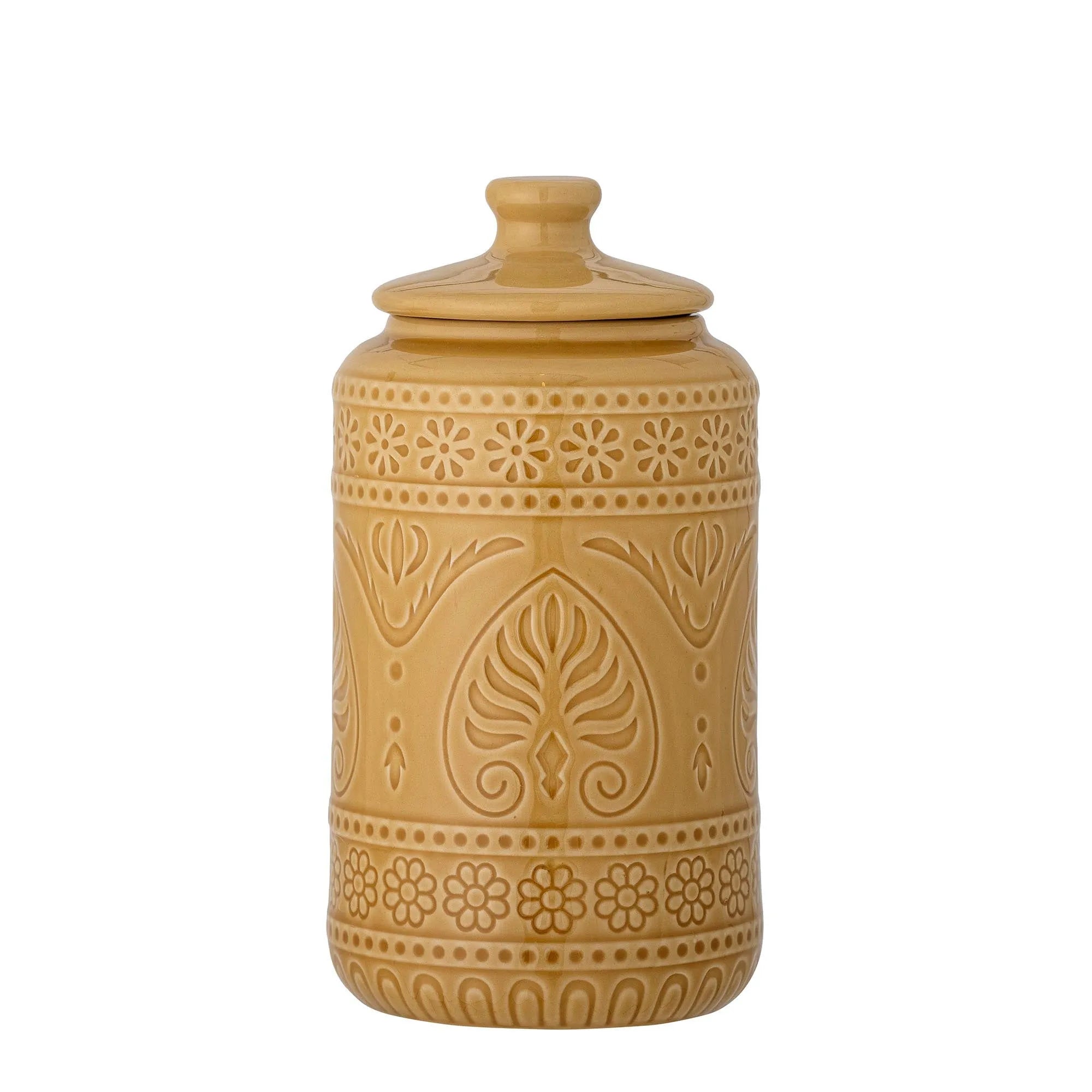 Rani Gefäß mit Deckel: Gelbes Steingut, stilvoll und robust. Ideal für Küche und Tisch, handgefertigte Glasur, einzigartig und funktional.