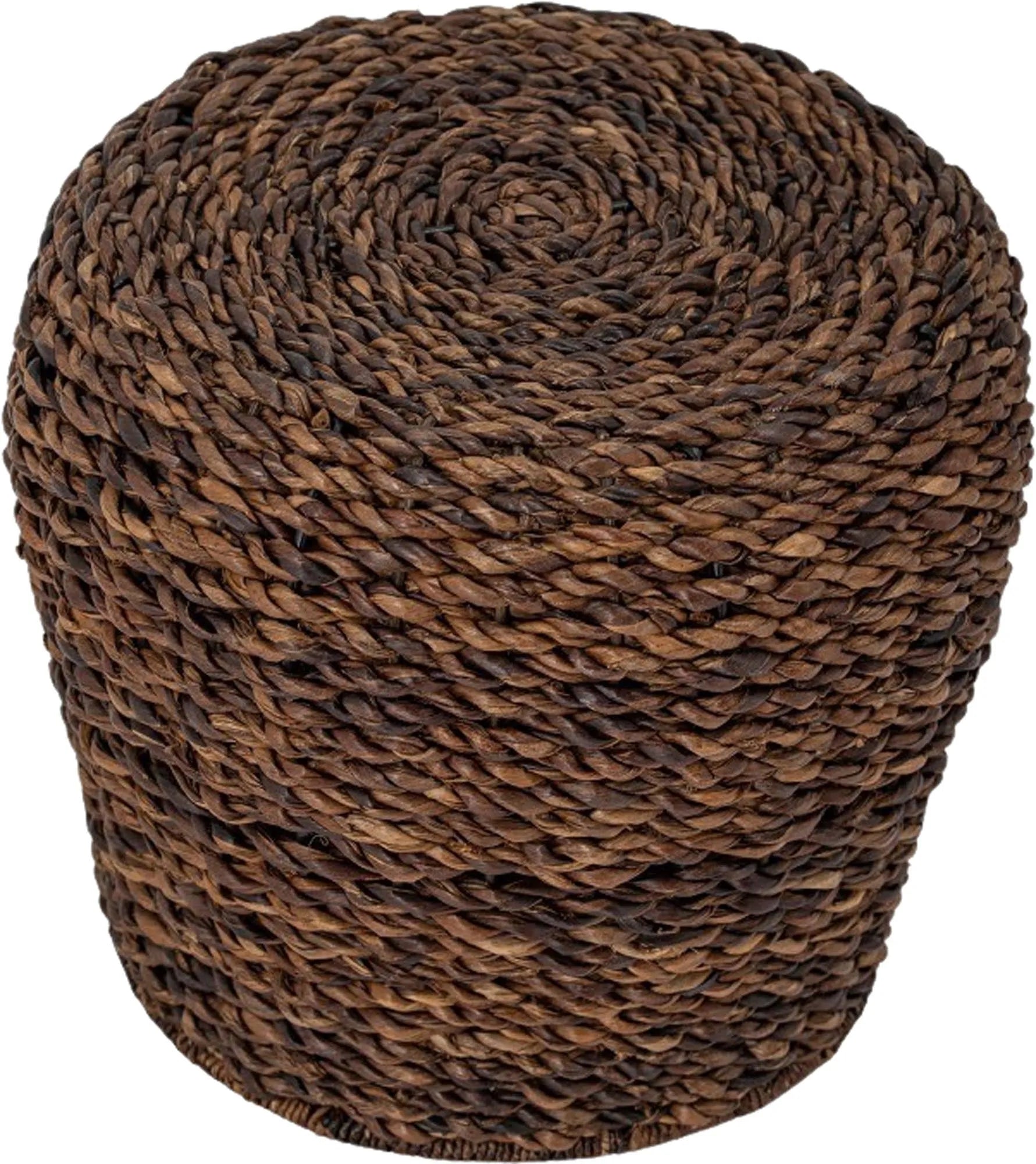 Ein handgefertigter, brauner Hocker aus Abaca mit Eisenrahmen, der Stil und Funktionalität vereint.