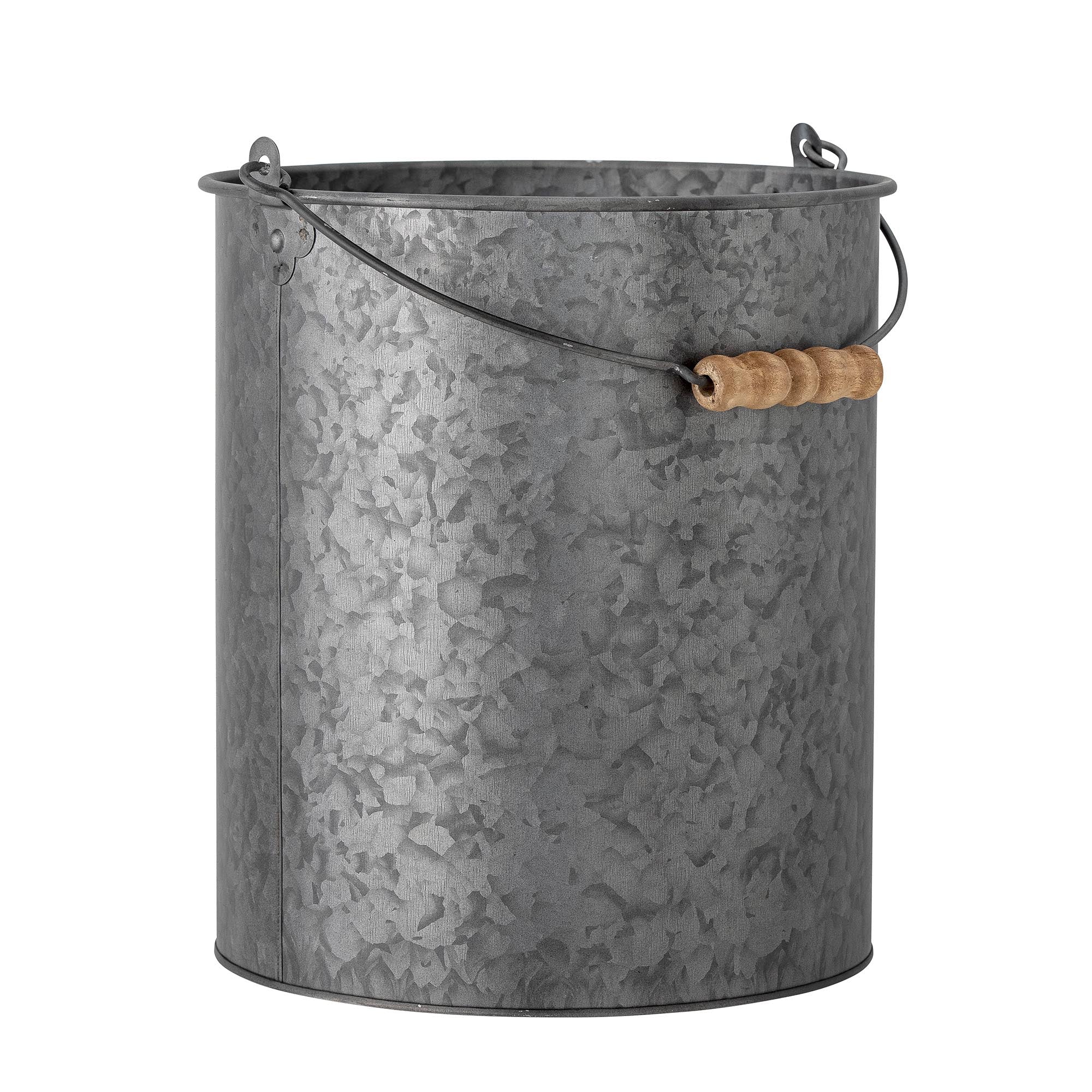 Stilvoller Dusan Eimer aus grauem Metall mit Birkengriff, ideal für Garten, Terrasse und als Blumenvase. Rostbeständig und elegant.