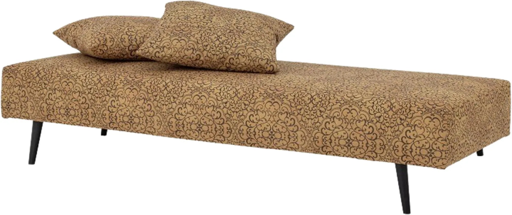 Ein stilvolles, gelbes Tagesbett aus Baumwolle mit robusten Holzfüßen, das Komfort und Eleganz vereint.