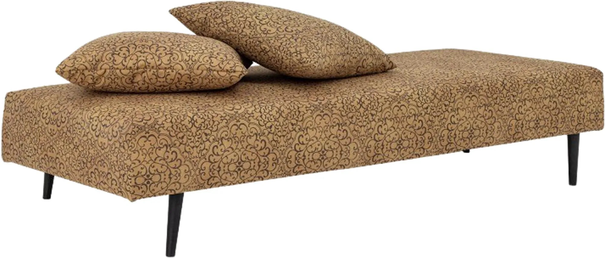 Ein stilvolles, gelbes Tagesbett aus Baumwolle mit robusten Holzfüßen, das Komfort und Eleganz vereint.