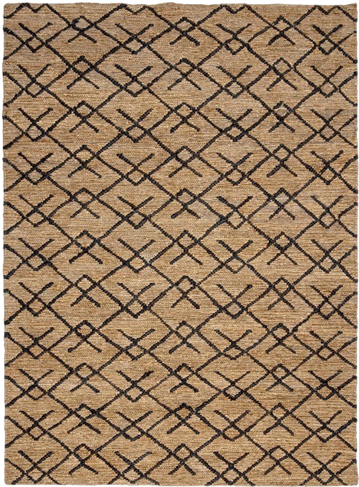 Gaya Teppich aus 100% Jute, mit schwarzem geometrischem Muster. Robust, umweltfreundlich, ideal für drinnen & draußen.