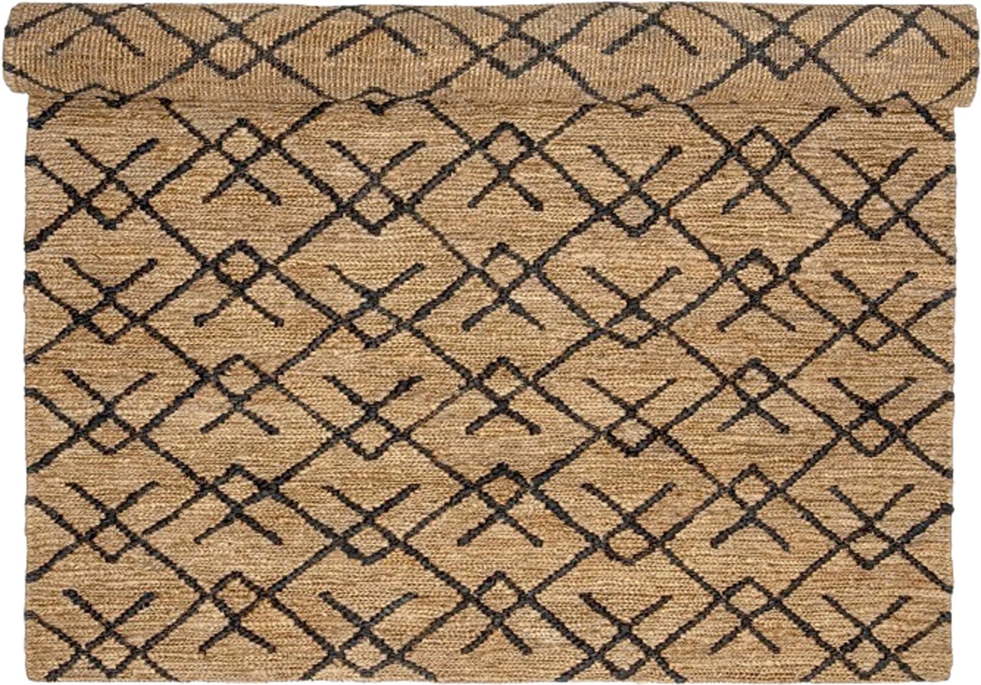 Der Gaya Teppich aus Jute mit schwarzem Muster bringt zeitlose Eleganz und Wärme in jeden Raum, ideal für drinnen und draußen.