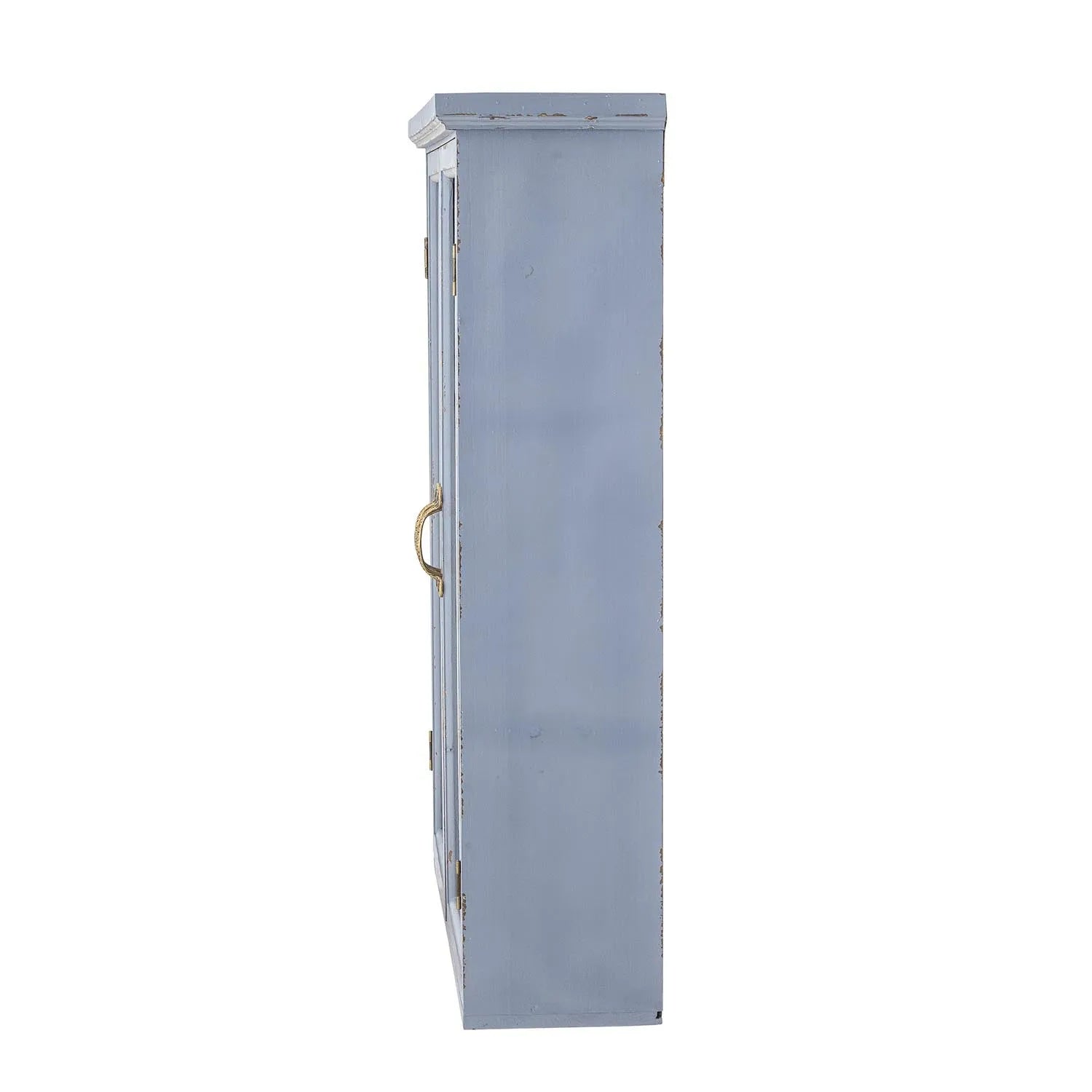 Elegantes Tannenholz-Kabinett in Donnerblau mit Glastüren, ideal für stilvolle Präsentation und vielseitigen Stauraum.