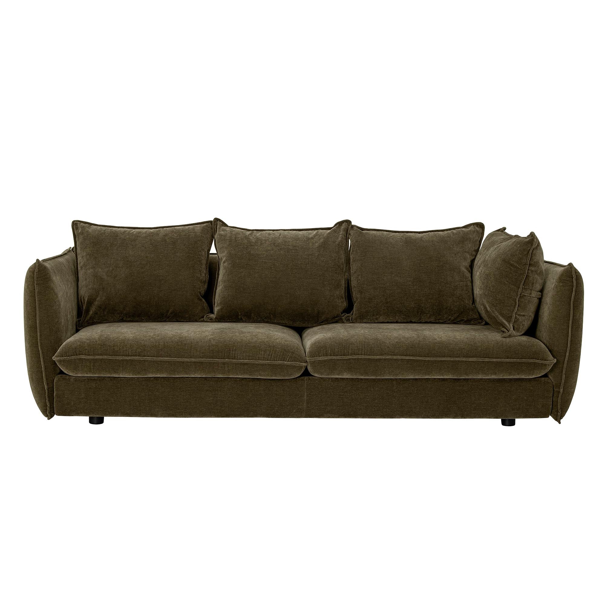 Elegantes Austin Sofa in staubigem Grün, weicher Samt, recyceltes Polyester, hoher Komfort, stilvolle Falten, langlebig.