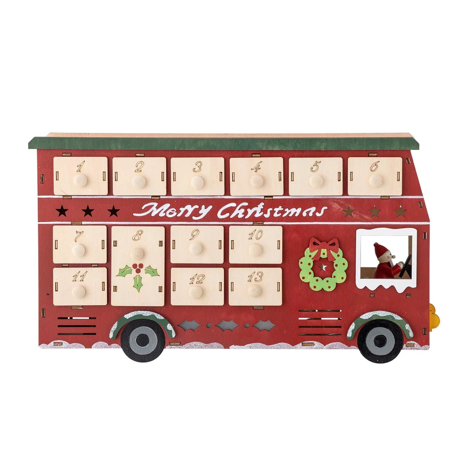 Ein roter Adventskalender aus Sperrholz mit Licht, 24 Schubladen, skandinavisches Design, langlebig und stilvoll.