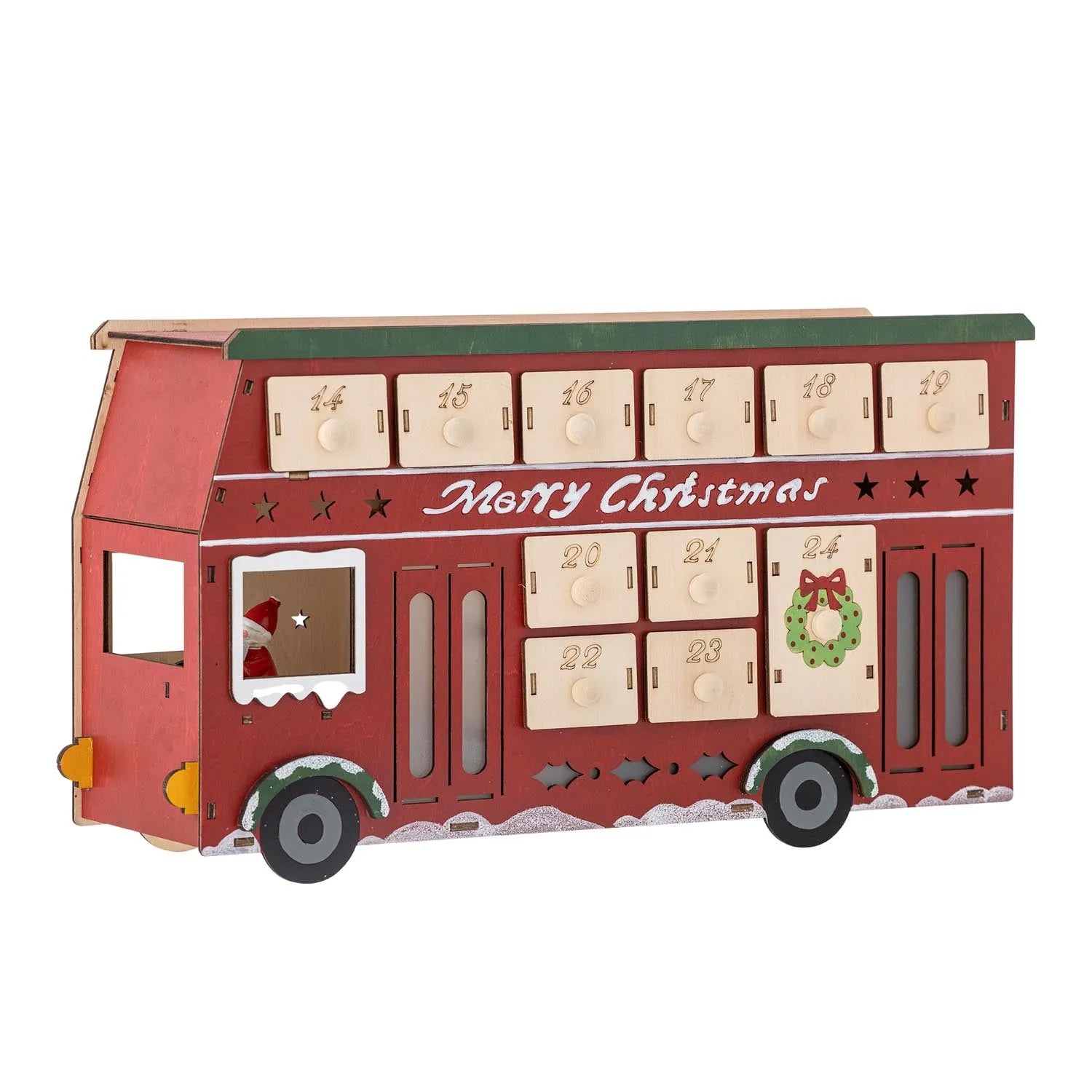 Ein roter Adventskalender aus Sperrholz mit Licht, 24 Schubladen, skandinavisches Design, langlebig und stilvoll.