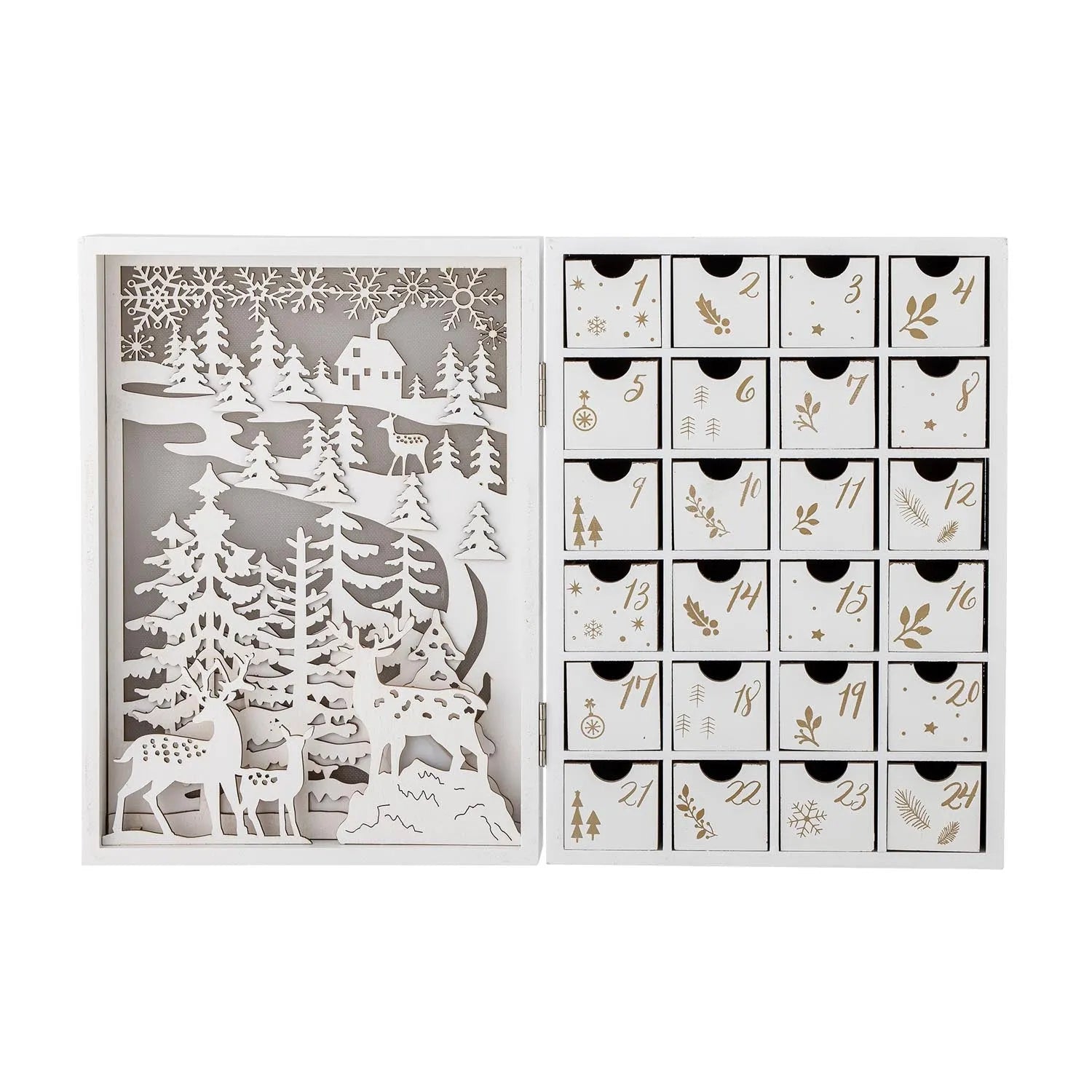 Eleganter Adventskalender aus Sperrholz mit warmem Licht, 24 Schubladen für kreative Überraschungen.