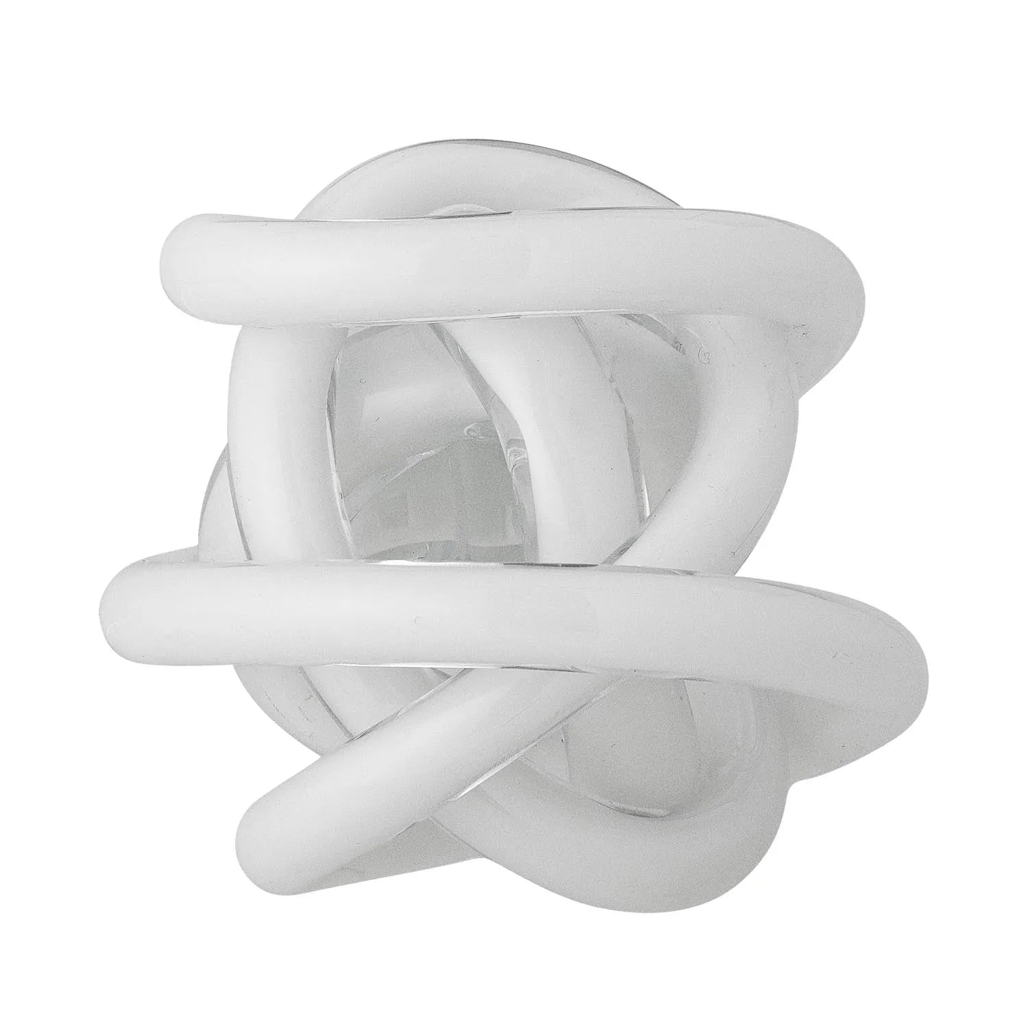 Elegante Glasdeko in Knotenform, handgefertigt, zeitlos weiß, inspiriert von Symbolik der Verbindung.