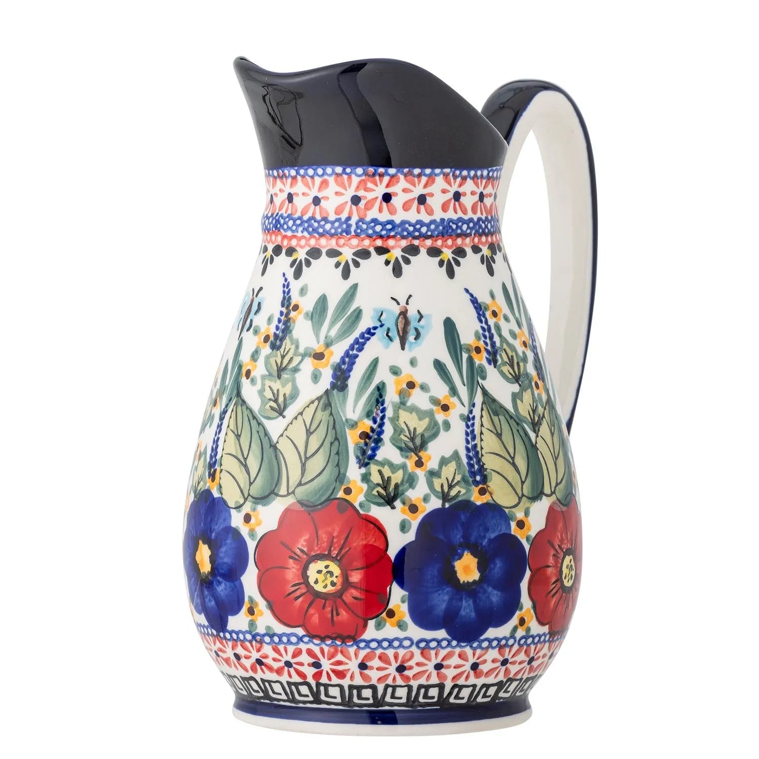 Ein handgefertigter, roter Steingutkrug mit lebendigem Blumenmuster, ideal als Vase oder Getränkekrug.