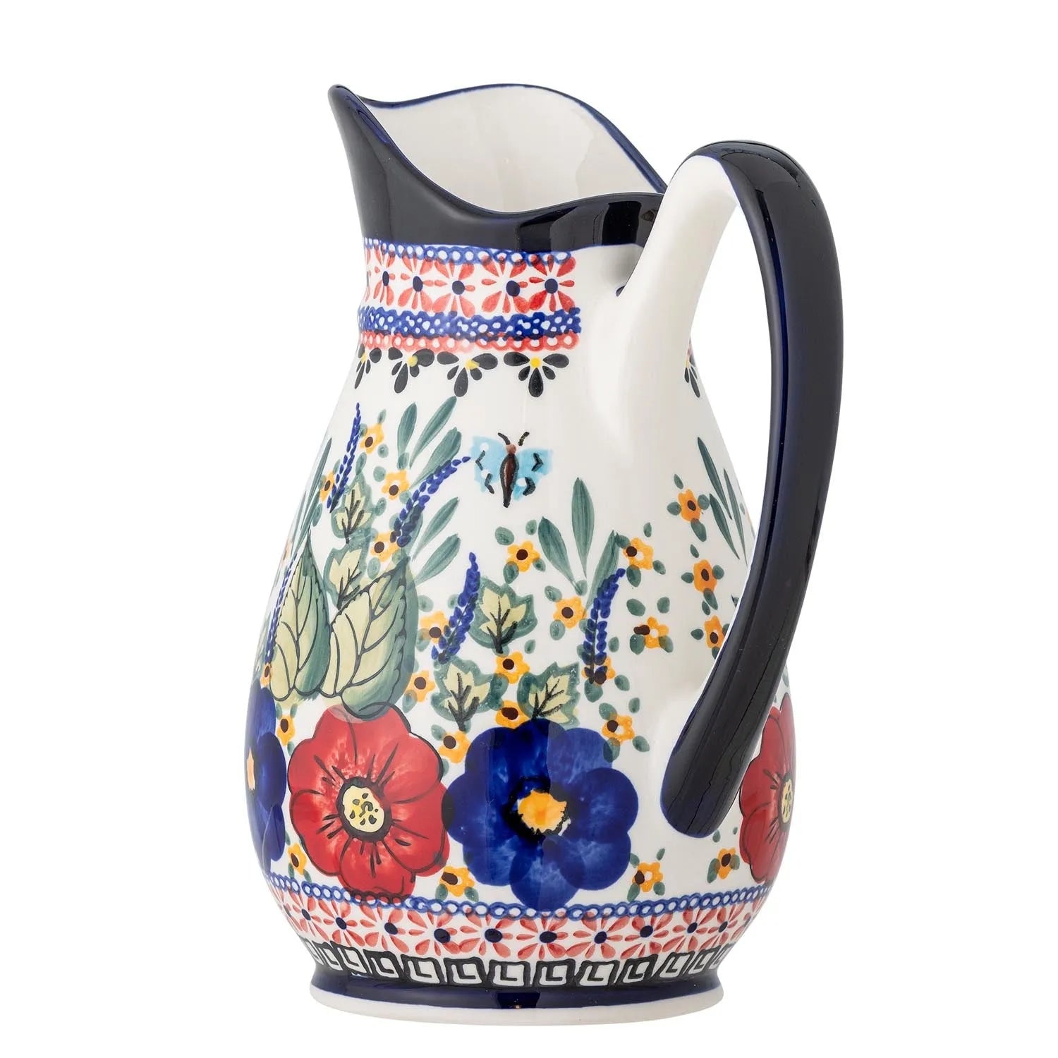 Ein handgefertigter, roter Steingutkrug mit lebendigem Blumenmuster, ideal als Vase oder Getränkekrug.