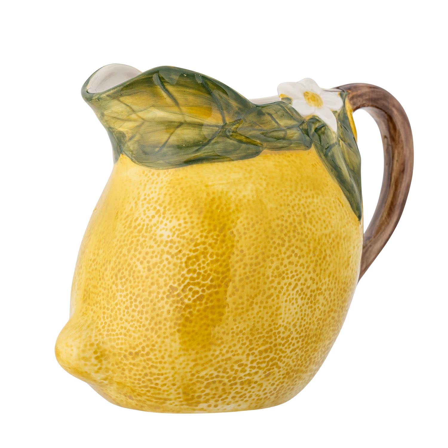 Ein leuchtend gelber Steingutkrug, inspiriert von Zitronen, ideal für erfrischende Getränke und sommerliche Tischdekoration.