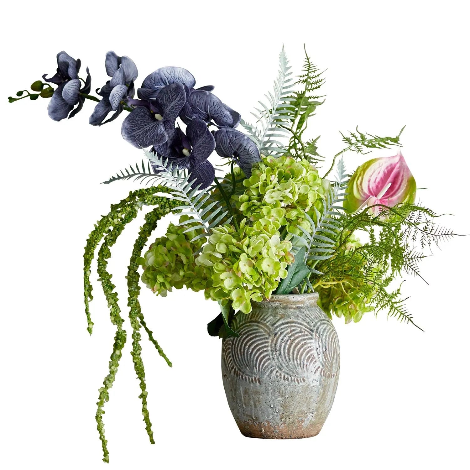 Ein eleganter, langlebiger Blumenstrauß in Blau und Grün, der Natur und Kunst vereint und jeden Raum verzaubert.