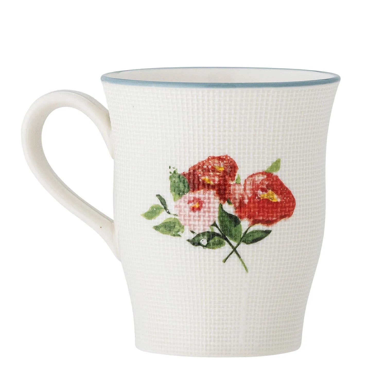 Eleganter Becher aus Steingut mit floralem Design, ideal für heiße Getränke. Spülmaschinen- und mikrowellengeeignet.