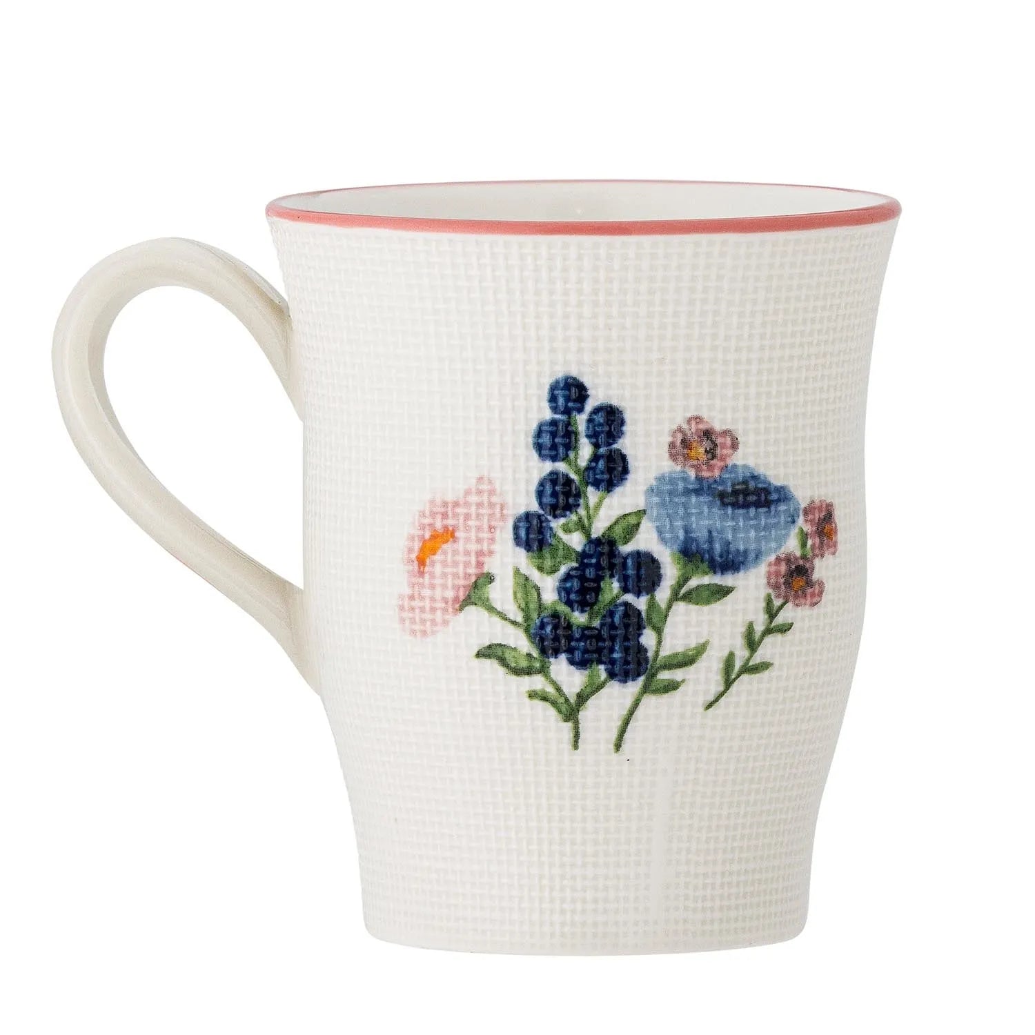 Ein stilvoller Steingutbecher mit geprägtem Blumenmotiv in lebendigen Farben und rosa Rand, ideal für Kaffee oder Tee.