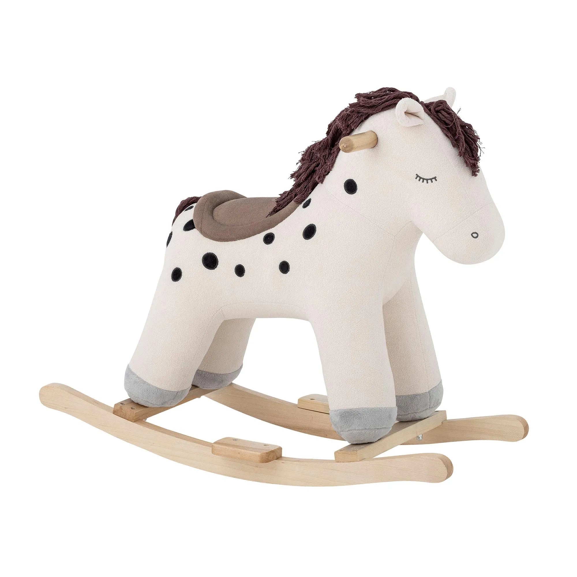 Das Merlen Rocking Toy, ein elegantes, weißes Schaukelpferd aus Polyester, fördert Fantasie und Motorik im Kinderzimmer.