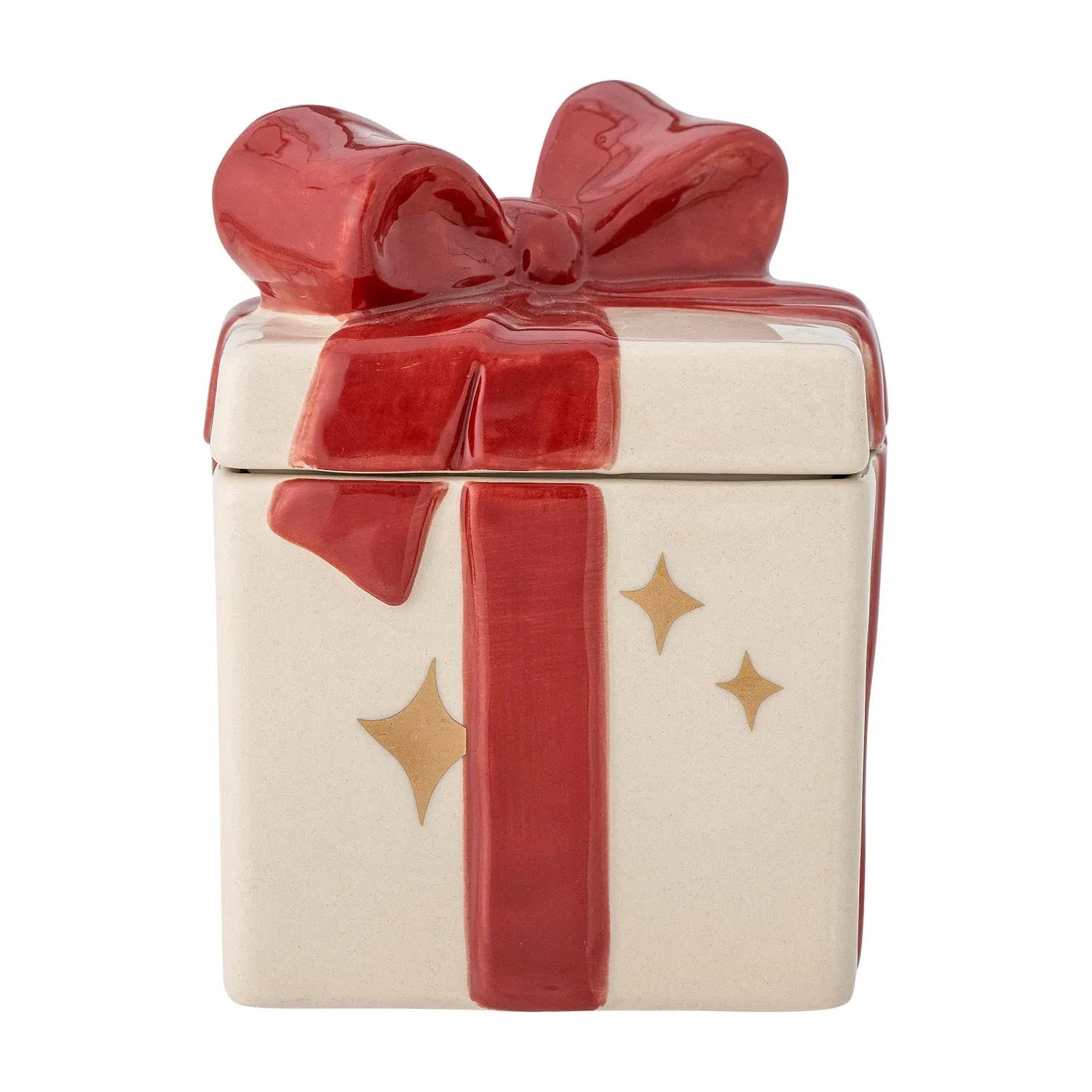 Charmantes Jolly Gefäß aus rotem Steingut mit goldenen Sternen, ideal für festliche Dekoration und praktische Aufbewahrung.
