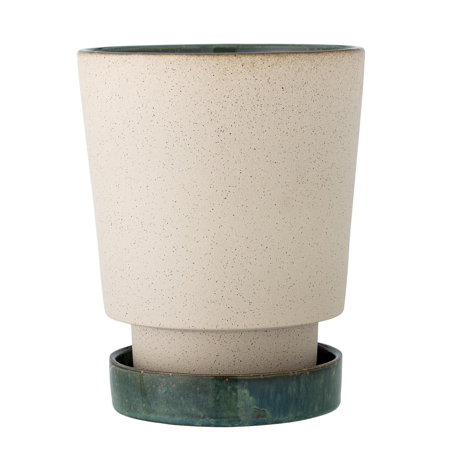 Idril Blumentopf aus Steingut, naturfarben mit dunkelgrünem Akzent, inkl. Untertasse. Stilvoll, robust, ideal für Pflanzen.