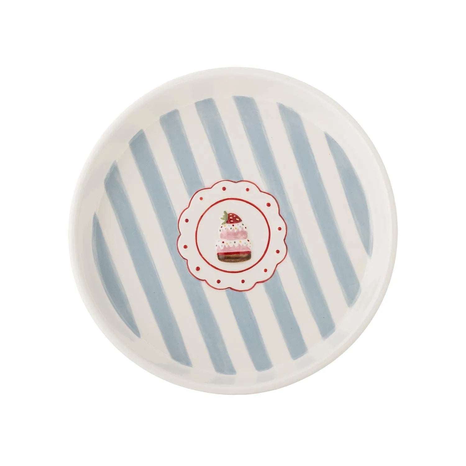 Elegante blaue Steingutplatte mit gewellter Form und gestreiftem Design, ideal für Kuchen und Gebäck.