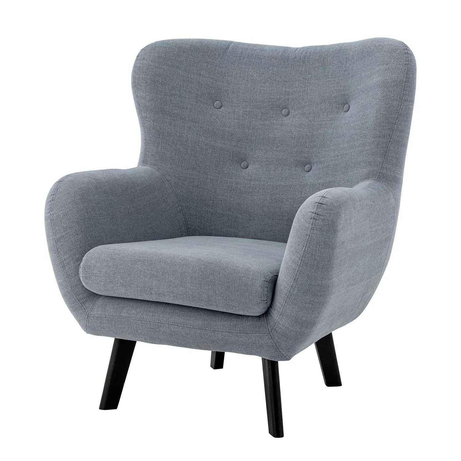 Eleganter Loungesessel in Donnerblau, aus weicher Baumwolle, mit stabilen Kiefernholzbeinen für stilvollen Komfort.