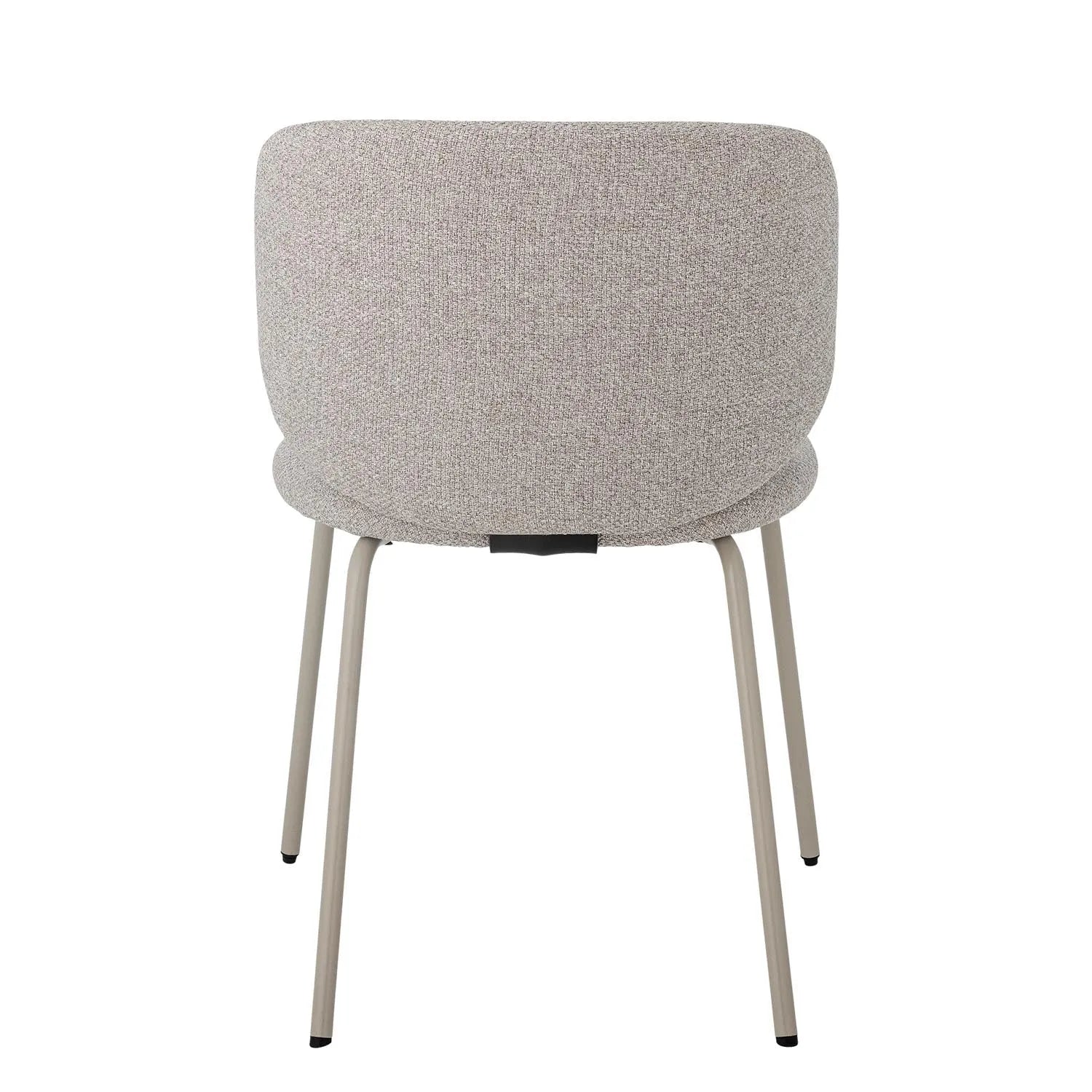 Eleganter Esszimmerstuhl mit grauem Polyester-Bouclé-Bezug, stabilen Metallbeinen und hohem Sitzkomfort.