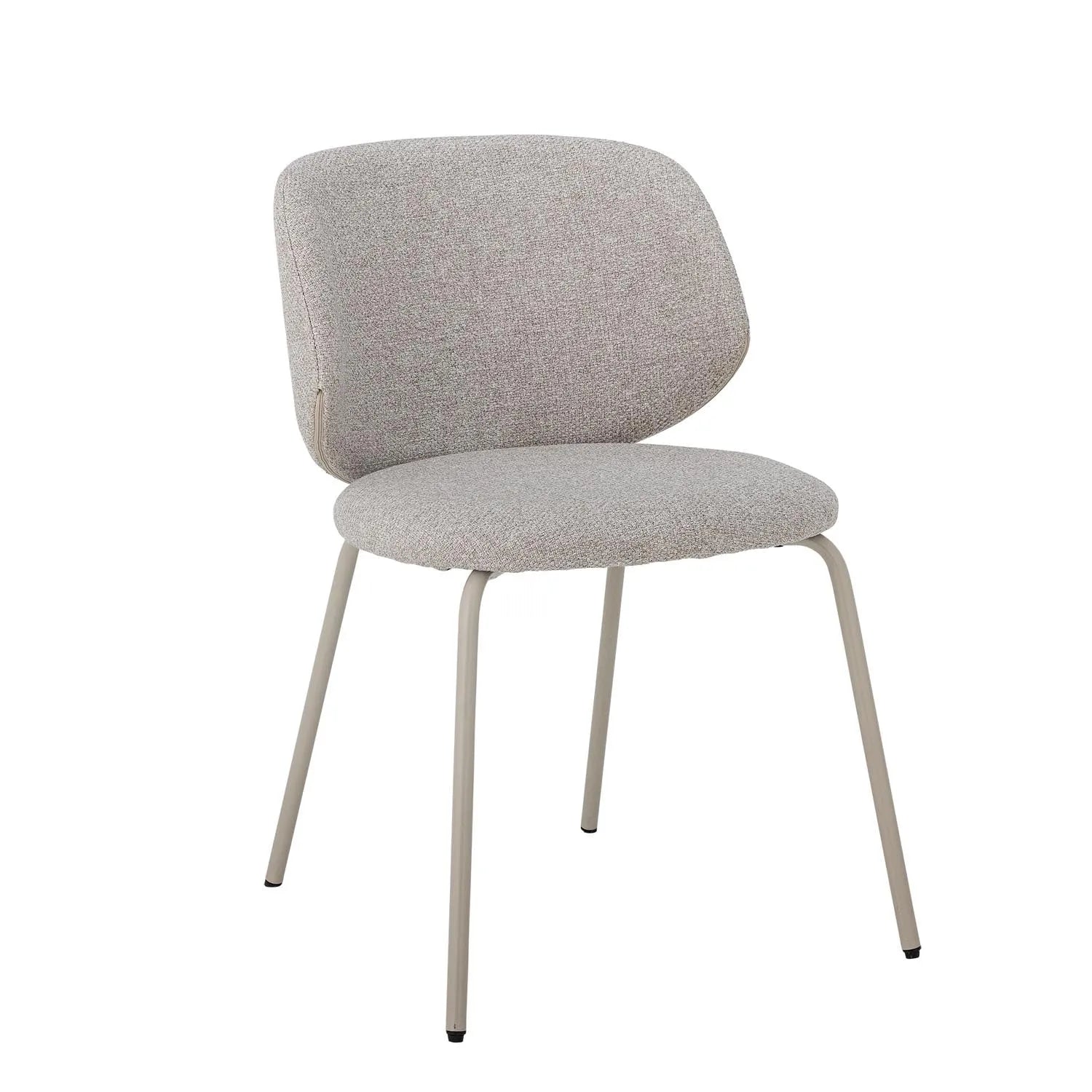 Eleganter Esszimmerstuhl mit grauem Polyester-Bouclé-Bezug, stabilen Metallbeinen und hohem Sitzkomfort.