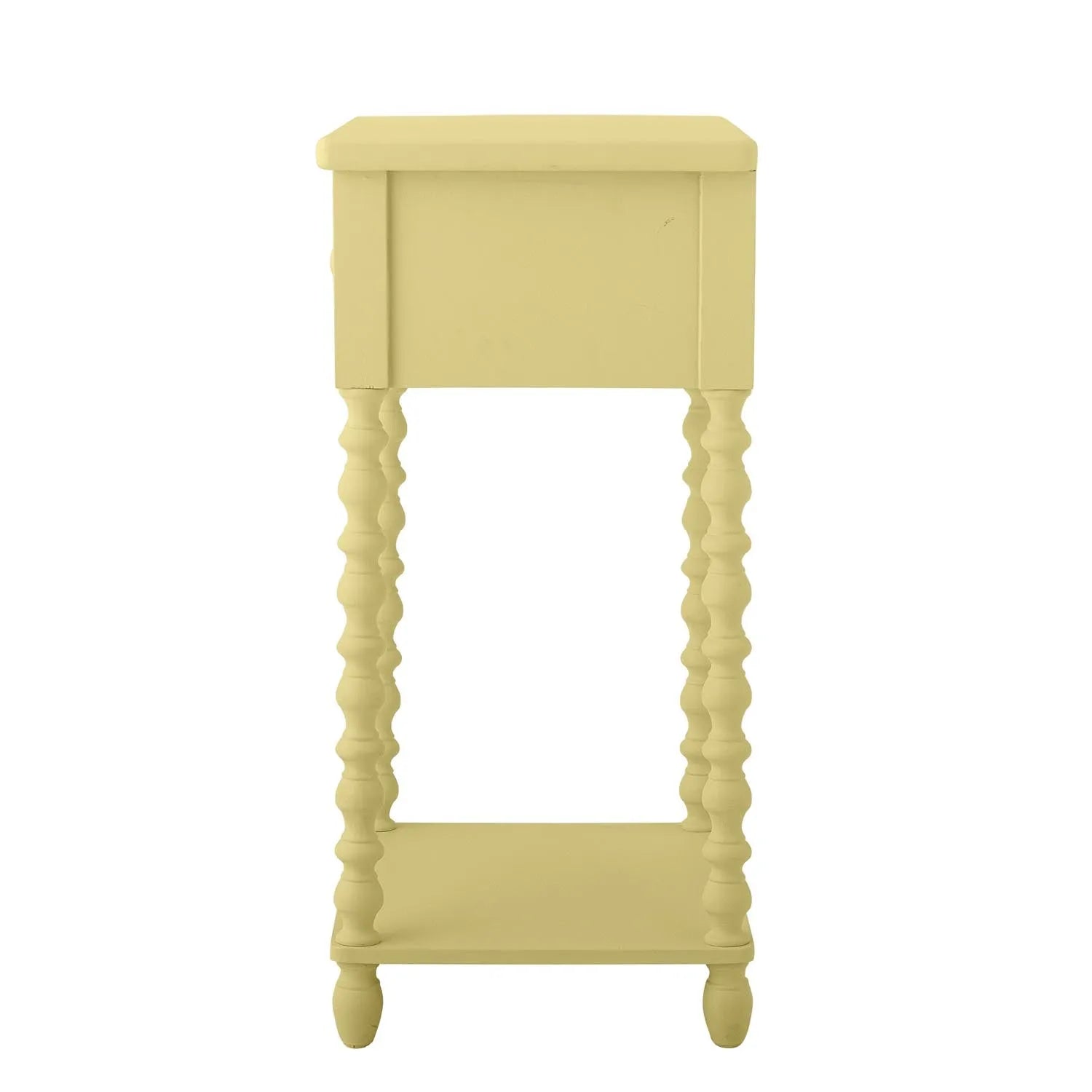 Ein eleganter Beistelltisch aus Kiefernholz in sanftem Pastellgelb, mit Schublade, ideal für jeden Raum.