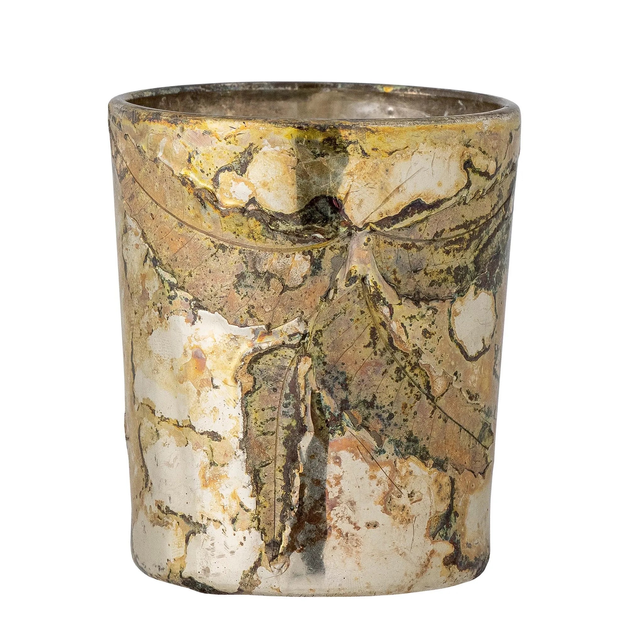 Eleganter Teelichthalter aus Glas in Braun und Gold mit Blätterdruck, ideal für stimmungsvolle Beleuchtung und festliche Dekoration.