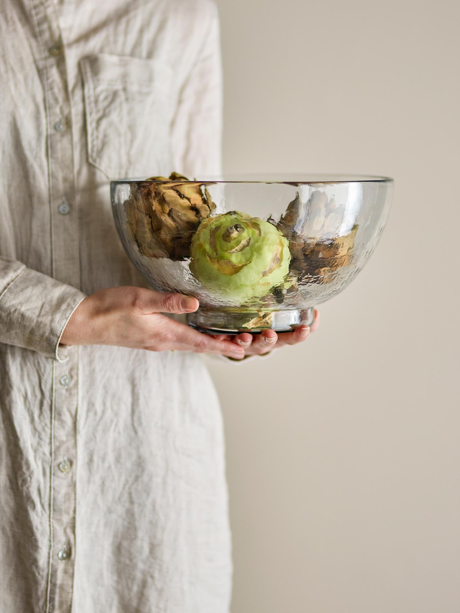 Coquille de taro, verre transparent et recyclé