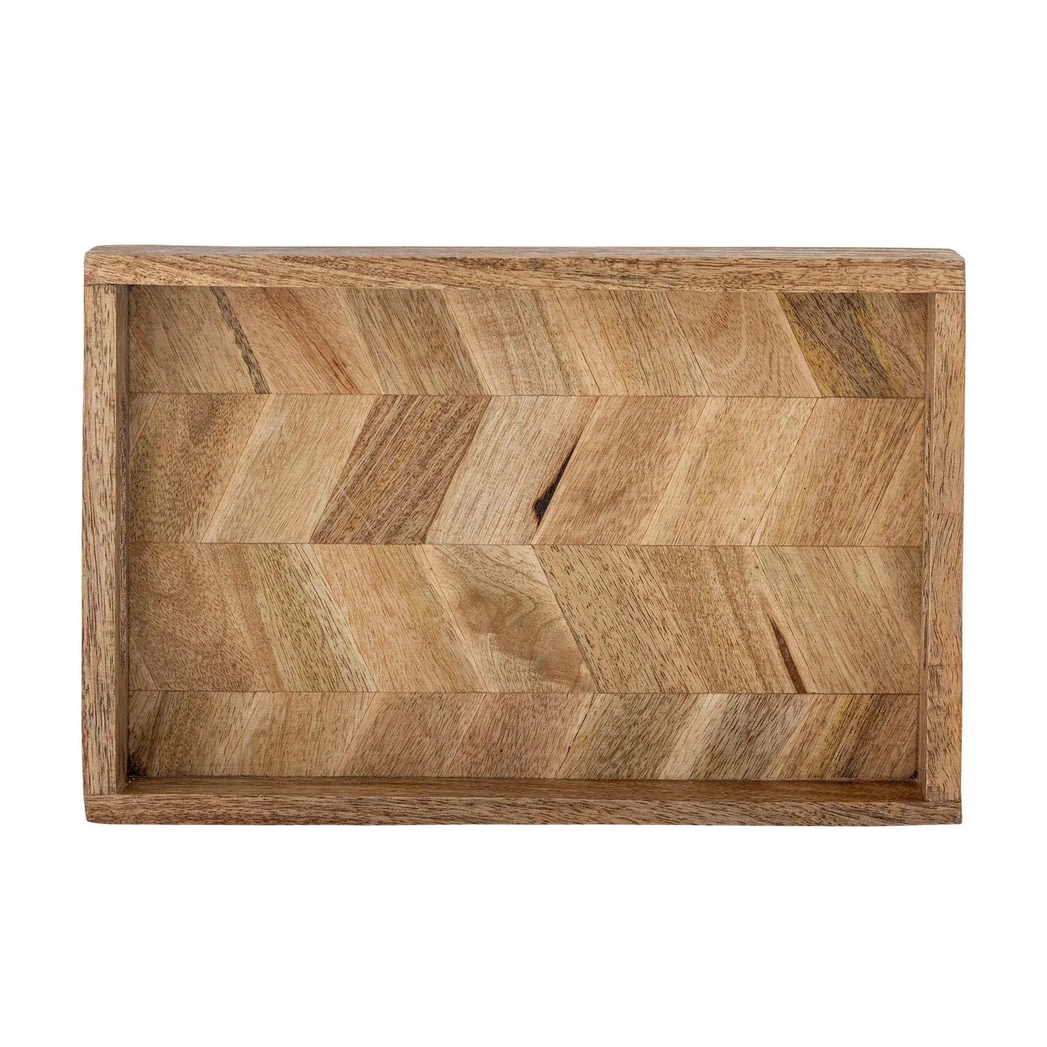 Elegantes Mangoholz-Tablett mit Fischgrätmuster, ideal für stilvolles Servieren und Dekorieren.