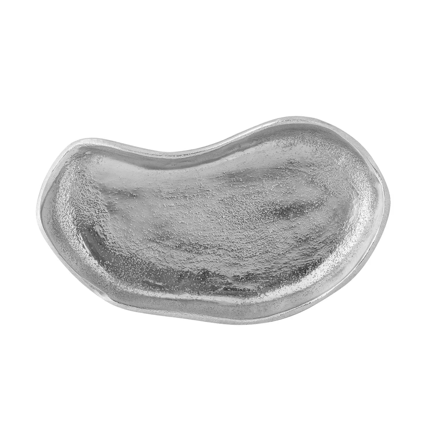 Elegantes, silbernes Tablett aus Aluminium mit organischen Formen, ideal für stilvolles Servieren und Dekorieren.