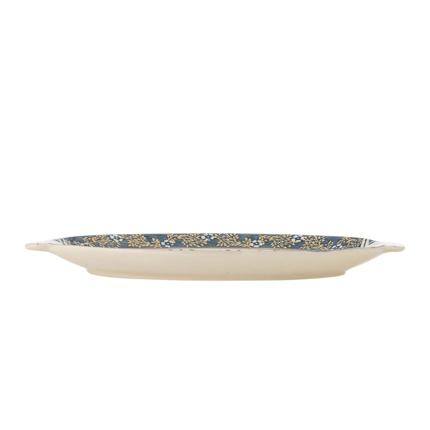 Elegantes Steingut-Tablett in Blau mit handdekoriertem Vogelmuster, ideal für stilvolles Servieren und Dekorieren.
