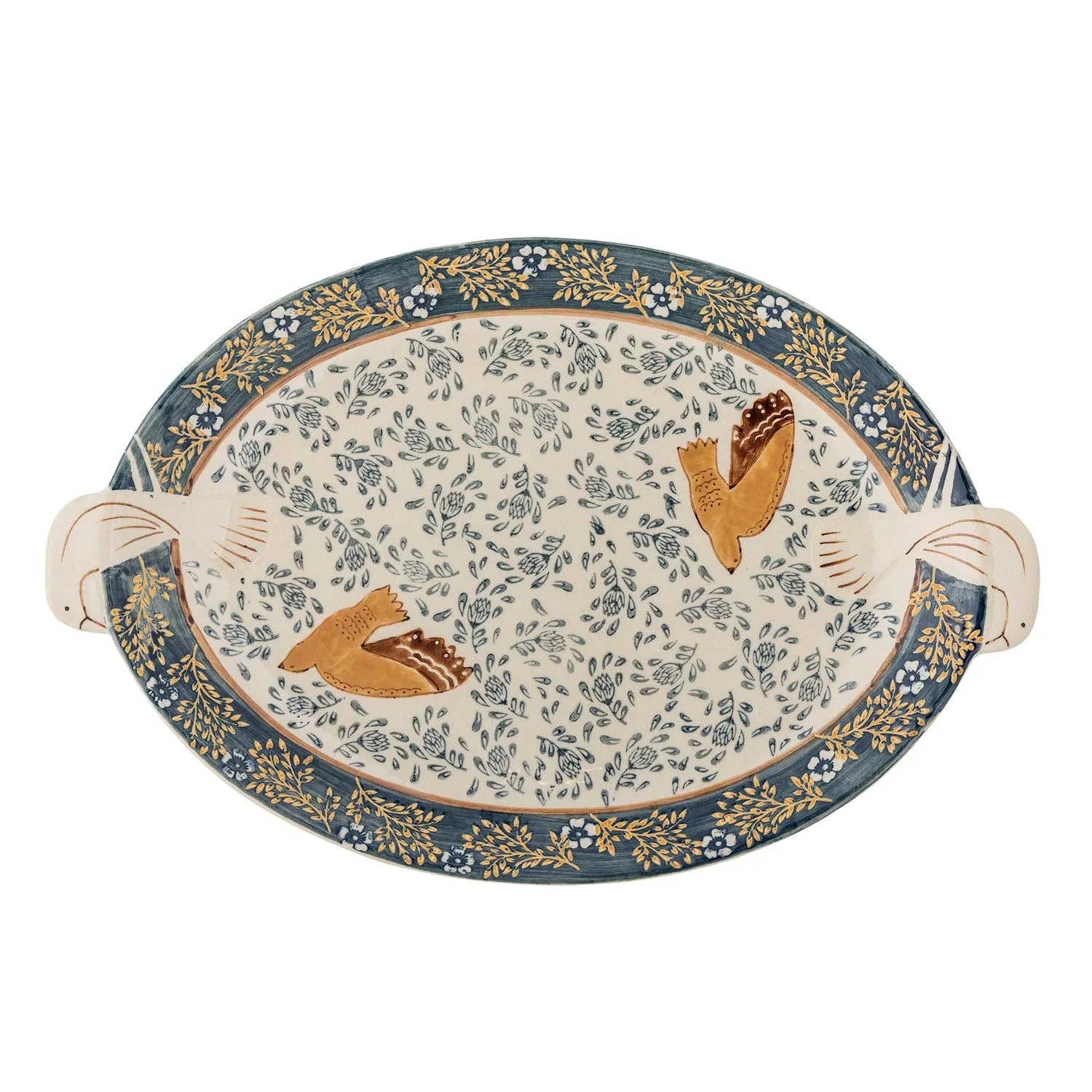 Elegantes Steingut-Tablett in Blau mit handdekoriertem Vogelmuster, ideal für stilvolles Servieren und Dekorieren.