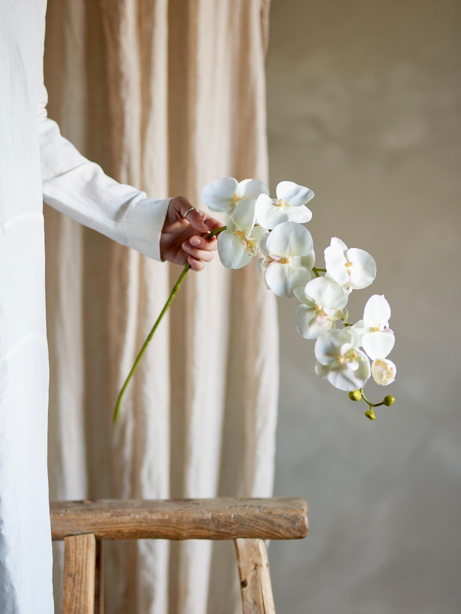 Eleganter künstlicher Orchideenstiel in Weiß von Bloomingville, ideal für stilvolle Dekorationen und langlebige Arrangements.
