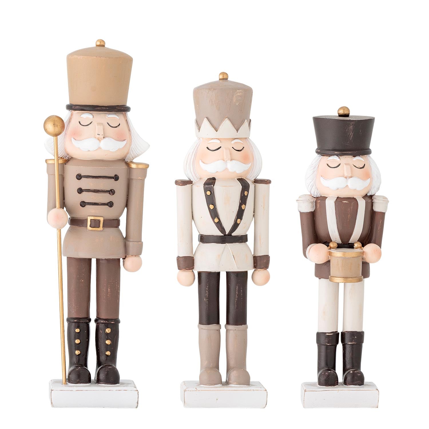 Exquisite Darryl Deko von Bloomingville: Drei kunstvolle Nussknacker aus Polyresin in warmen Braun- und Beigetönen, ideal für festliche Dekoration.