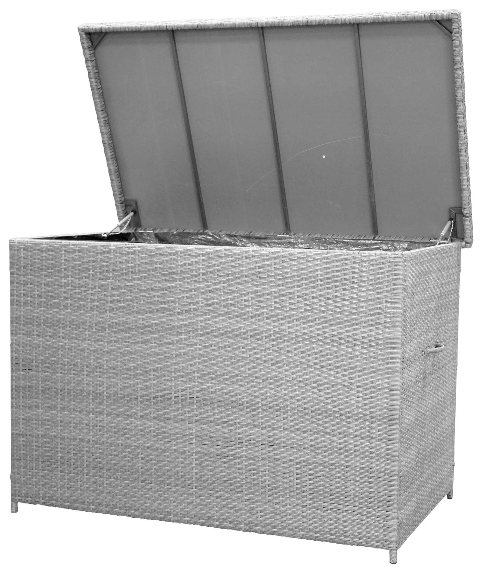 Stilvolle Kissenbox aus wetterfestem Korbgeflecht, ideal für Garten und Balkon. Bietet viel Stauraum und schützt vor Witterung.