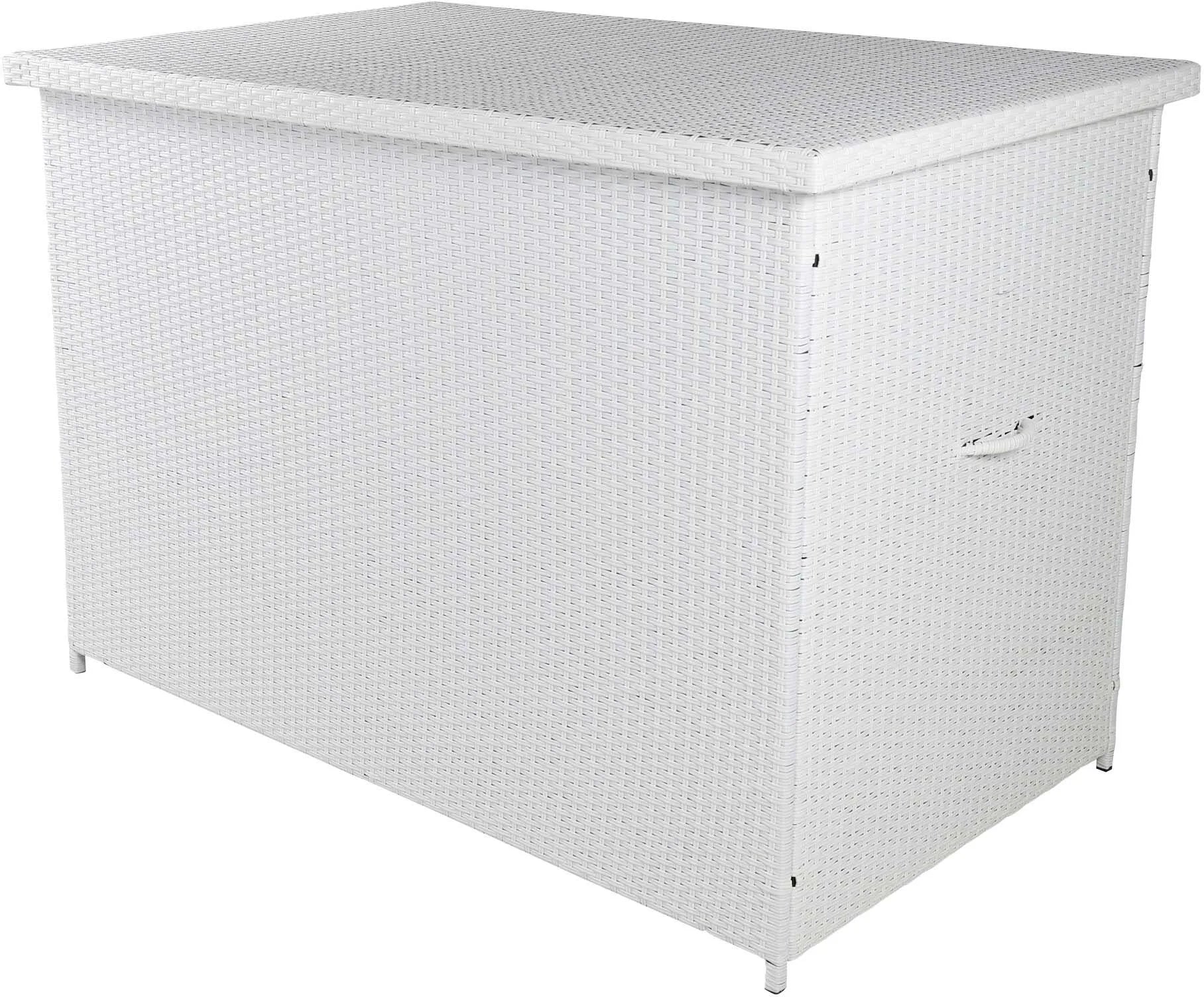 Stilvolle Kissenbox aus wetterfestem Korbgeflecht, ideal für Garten und Balkon. Bietet viel Stauraum und schützt vor Witterung.