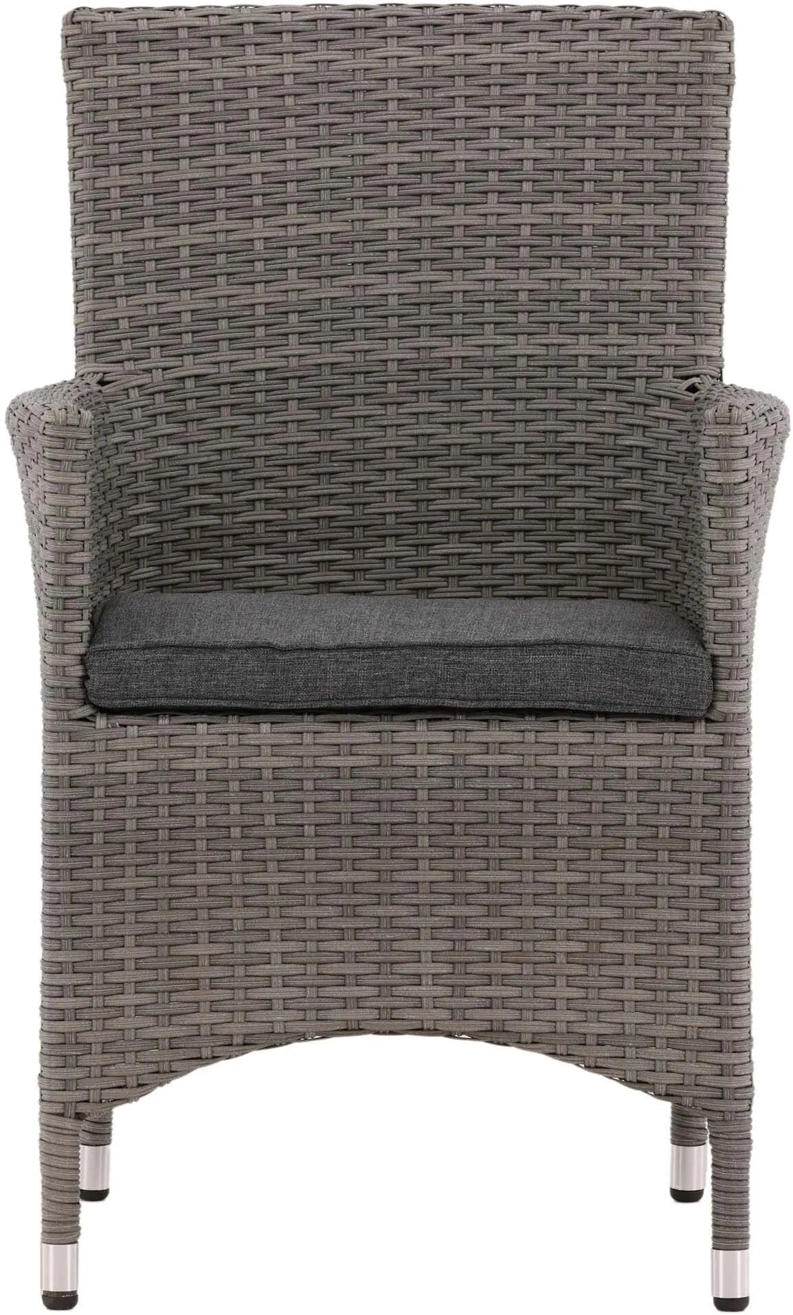 Stilvoller Malin Gartenstuhl: Skandinavisches Design, wetterfestes Korbgeflecht, komfortable Armlehnen, stapelbar, ideal für Terrasse.