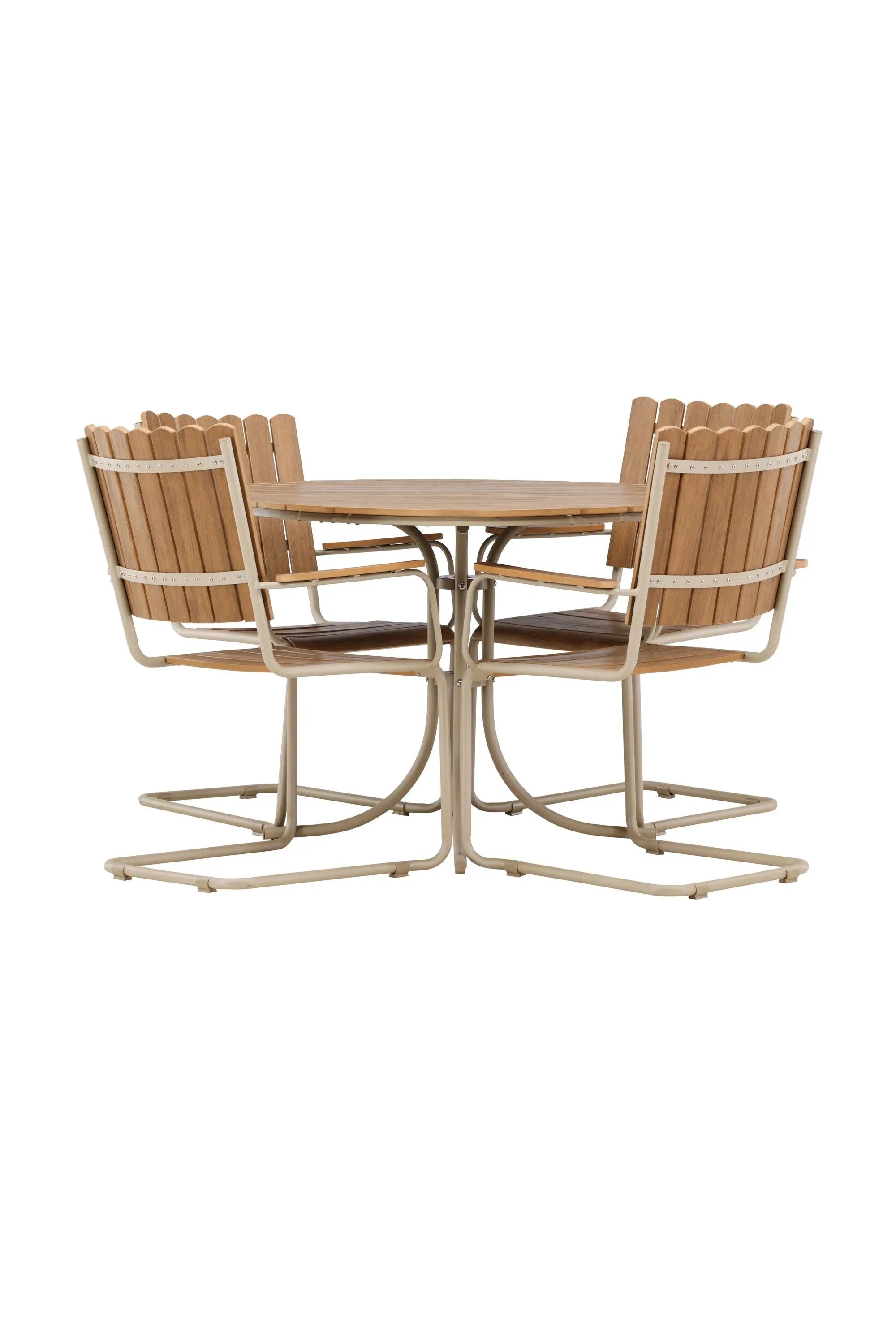 Das Holmsund Gartentisch-Set von Venture Home besticht durch sein elegantes Design und seine Funktionalität. Der runde Tisch aus HPL und Stahl bietet Platz für vier Personen und ist ideal für gesellige Abende im Freien.