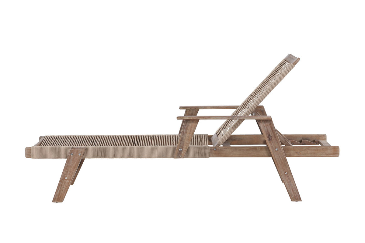 Sonnenliege Little John aus dunkelbraunem Akazienholz mit Bespannung aus Polyesterseil, verstellbare Rückenlehne, Outdoor-Liegestuhl.