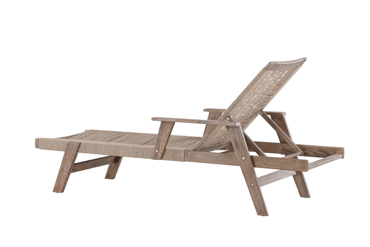 Sonnenliege Little John aus dunkelbraunem Akazienholz mit Bespannung aus Polyesterseil, verstellbare Rückenlehne, Outdoor-Liegestuhl.