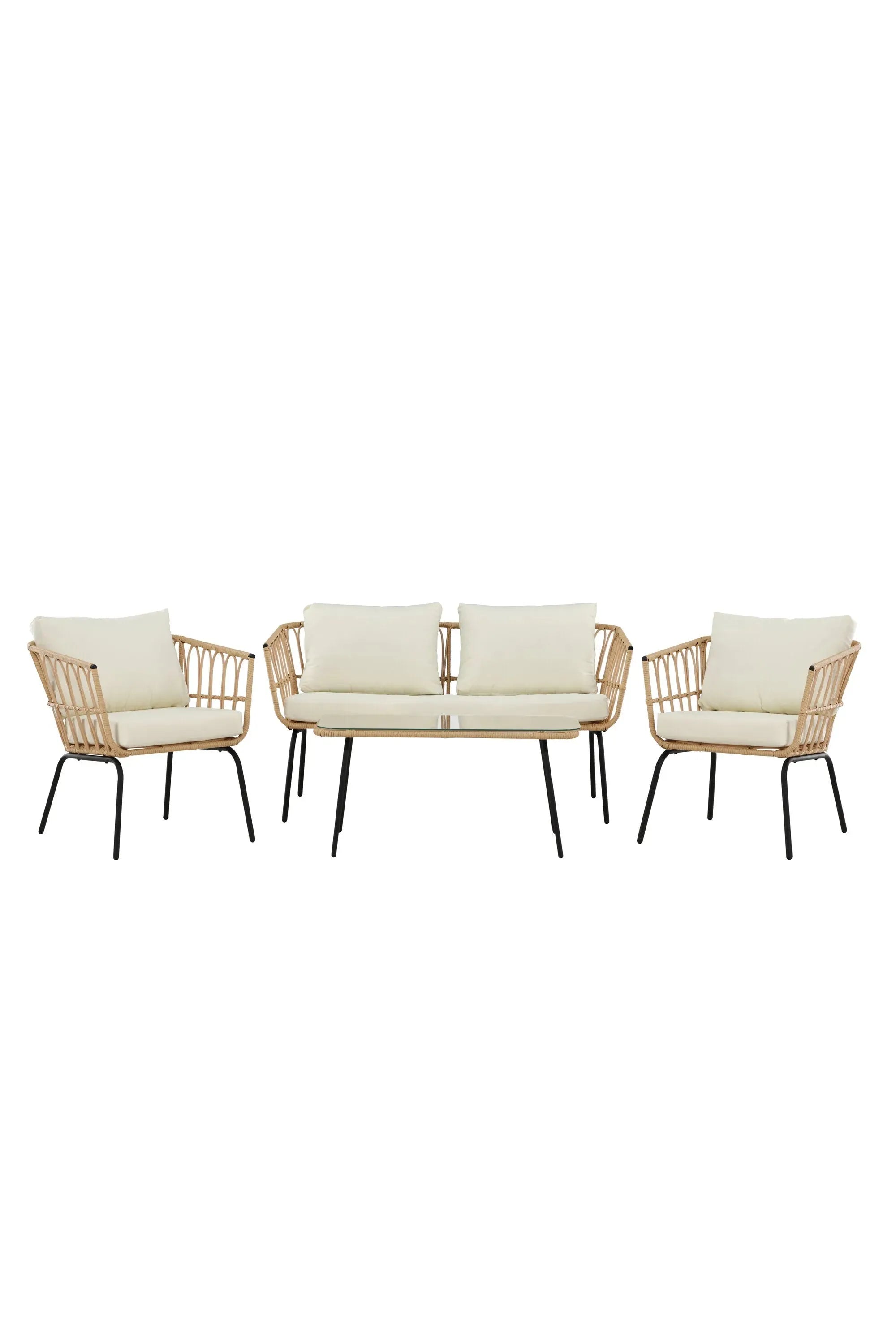 Das Ortigia Lounge Set von Venture Home vereint stilvolles Design mit Komfort. Der schwarze Metallrahmen und das Rattan-Design bieten Stabilität und Eleganz, während die beigen Kissen aus strapazierfähigem Polyester für Gemütlichkeit sorgen. Ein Tisch mit Glasplatte rundet das Set ab.