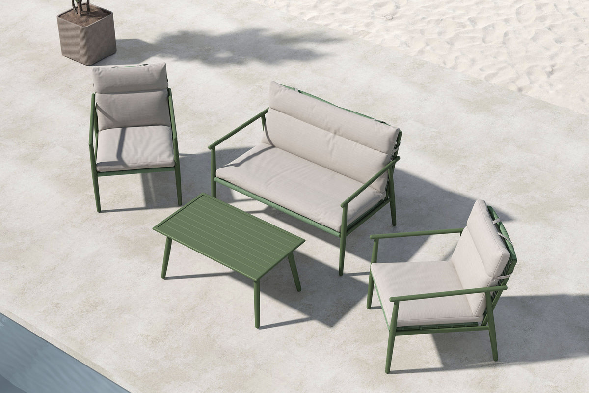 Modernes Mazzaro Sofa Set mit grünem Metallrahmen und weichen beigen Polstern, perfekt für komfortable und elegante Aussenbereiche.