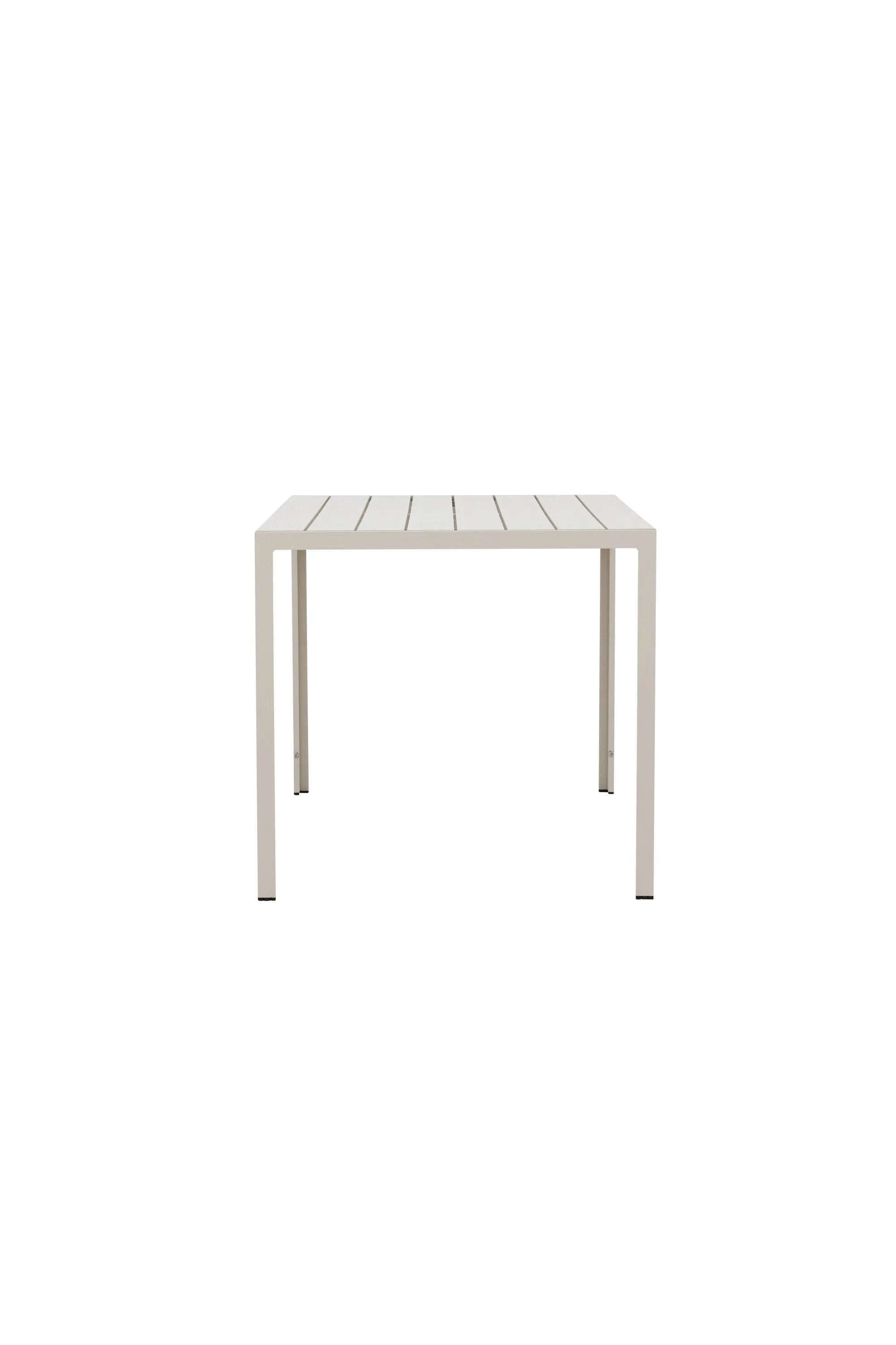 Eleganter Gartentisch mit leichtem Aluminiumrahmen und warmer Sperrholzplatte, ideal für gesellige Outdoor-Momente.