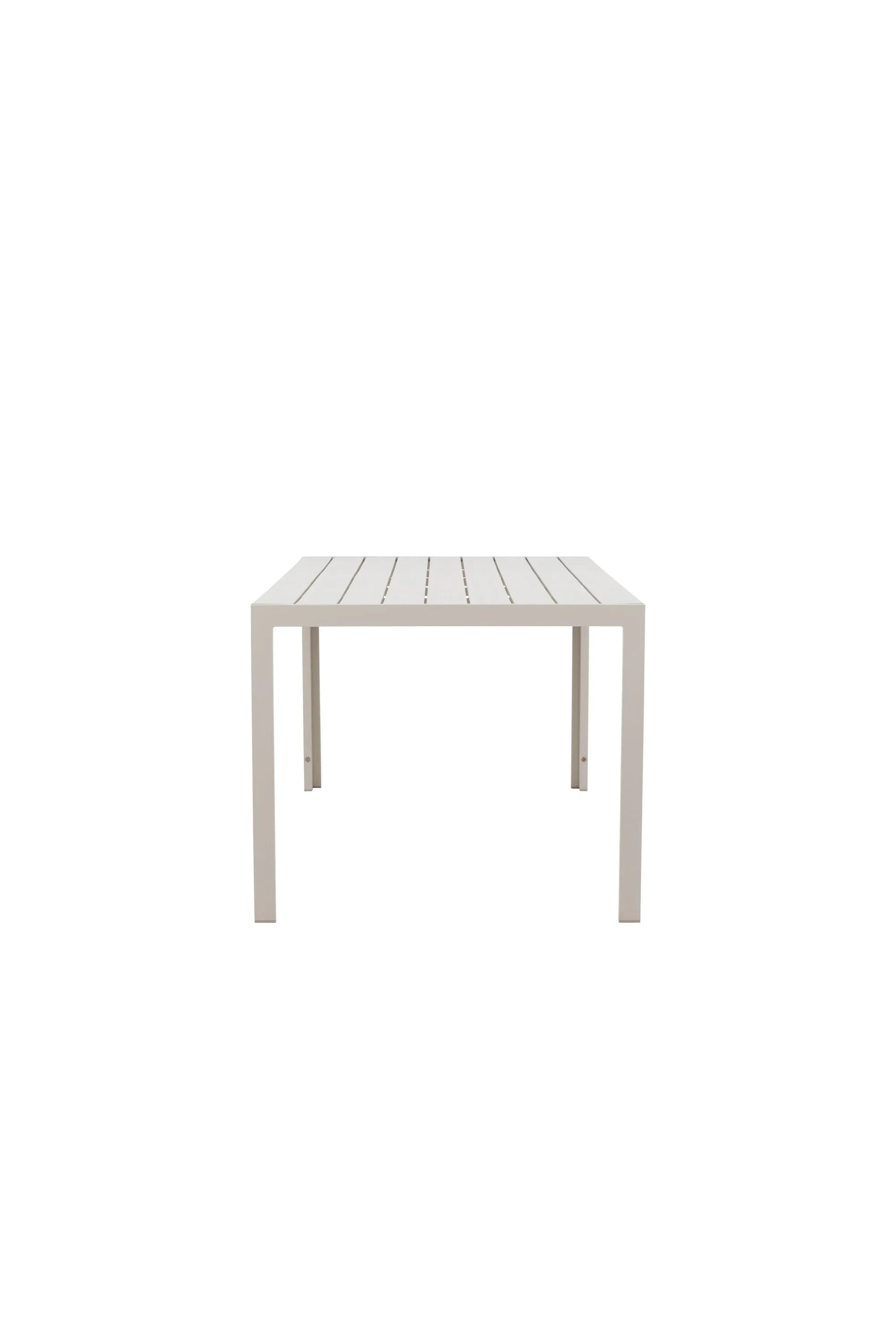 Eleganter Gartentisch mit leichtem Aluminiumrahmen und warmer Sperrholzplatte, ideal für gesellige Outdoor-Momente.