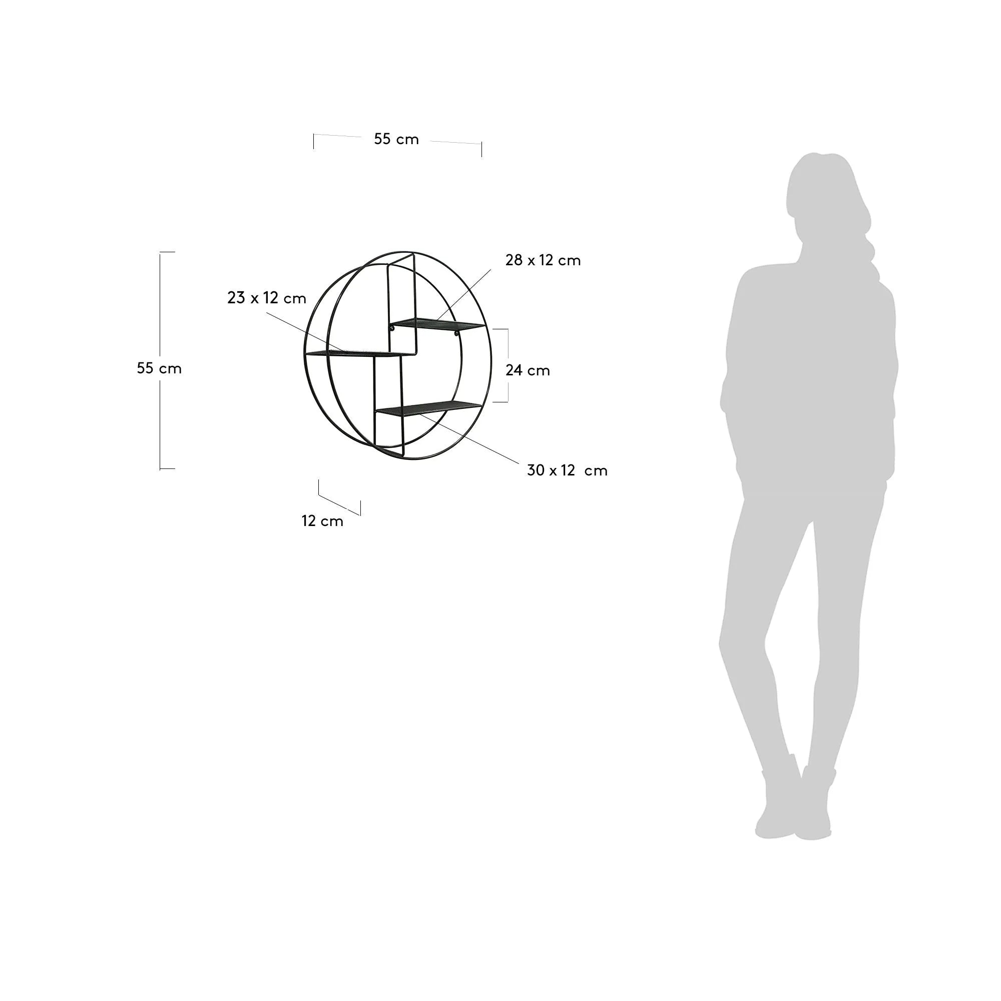 Elegantes, schwarzes Stahlregal Ø 55 cm, ideal für stilvolle Präsentationen in modernen Wohnräumen.